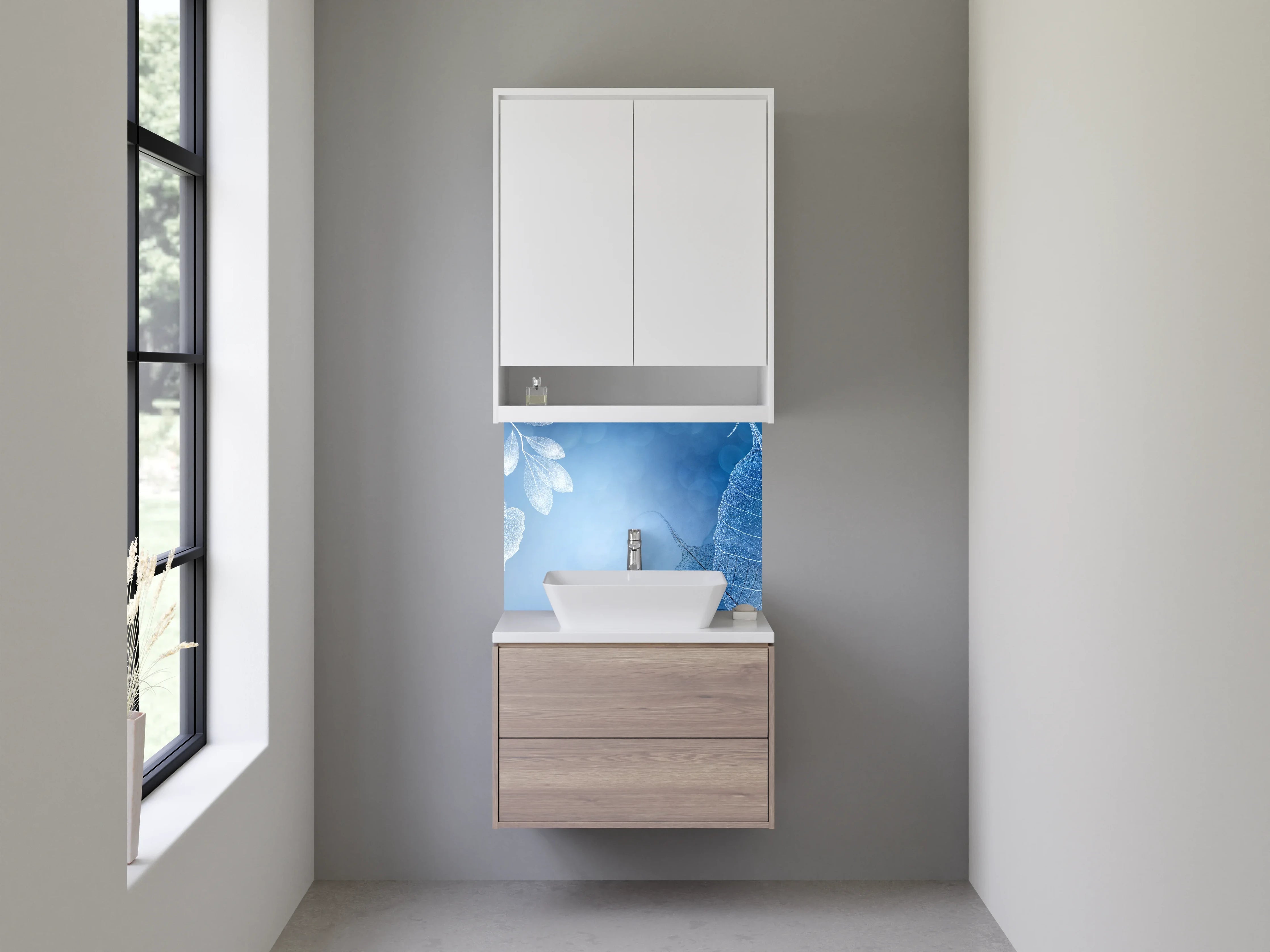 Waschbecken-Rückwand - Elegantes Blattmuster in Blau-Weiß