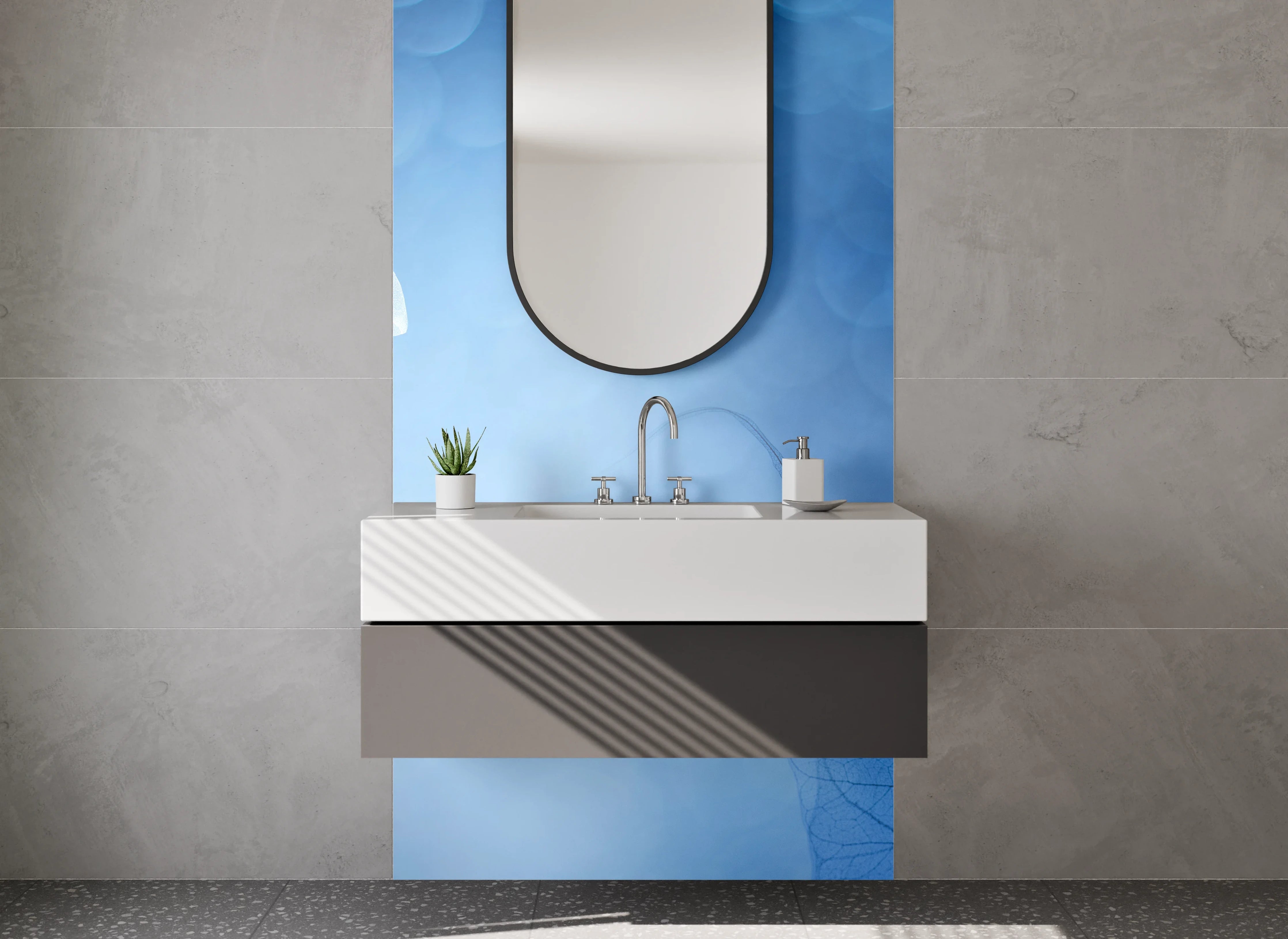 Waschbecken-Rückwand - Elegantes Blattmuster in Blau-Weiß