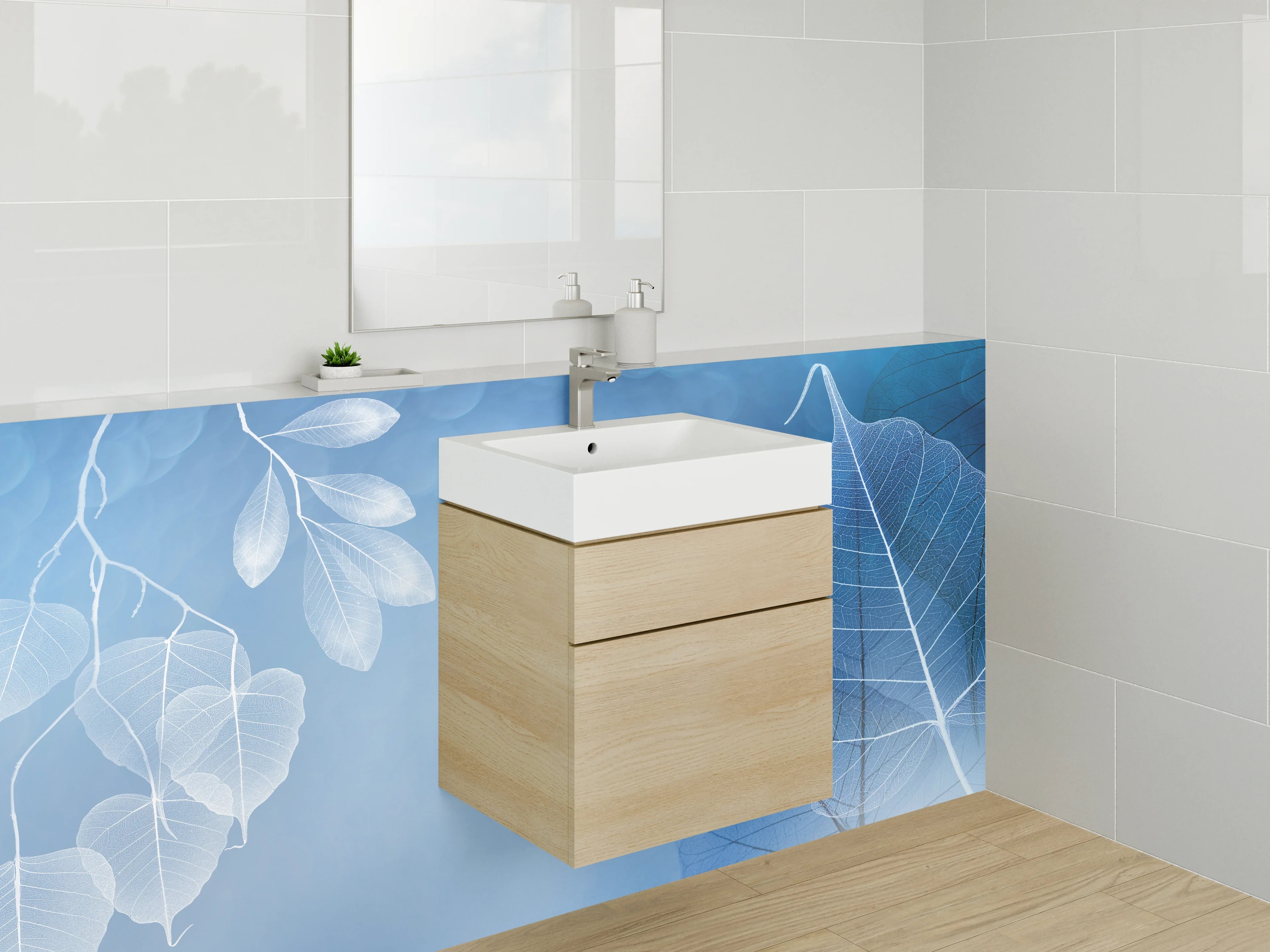 Waschbecken-Rückwand - Elegantes Blattmuster in Blau-Weiß
