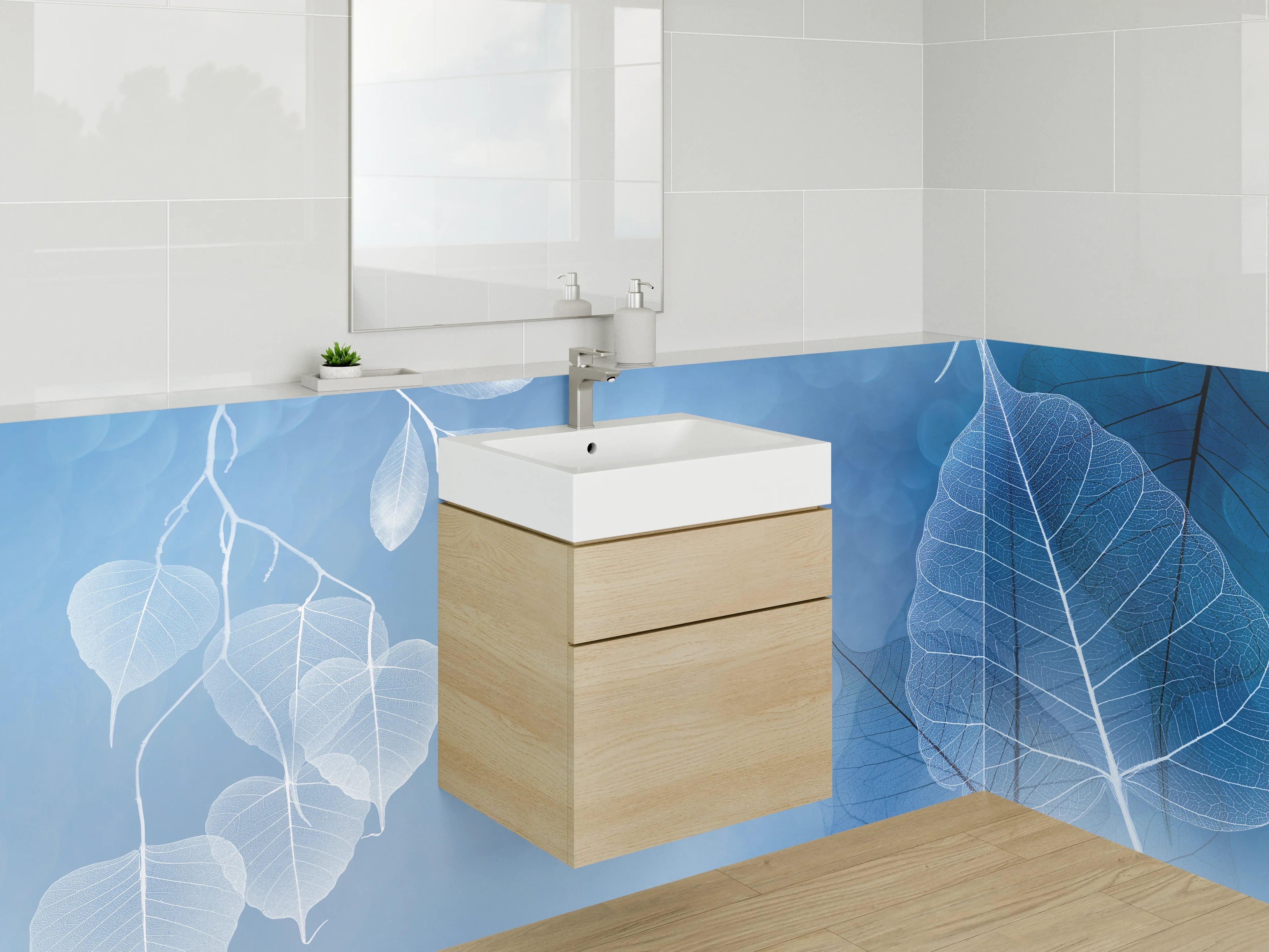 Waschbecken-Rückwand - Elegantes Blattmuster in Blau-Weiß