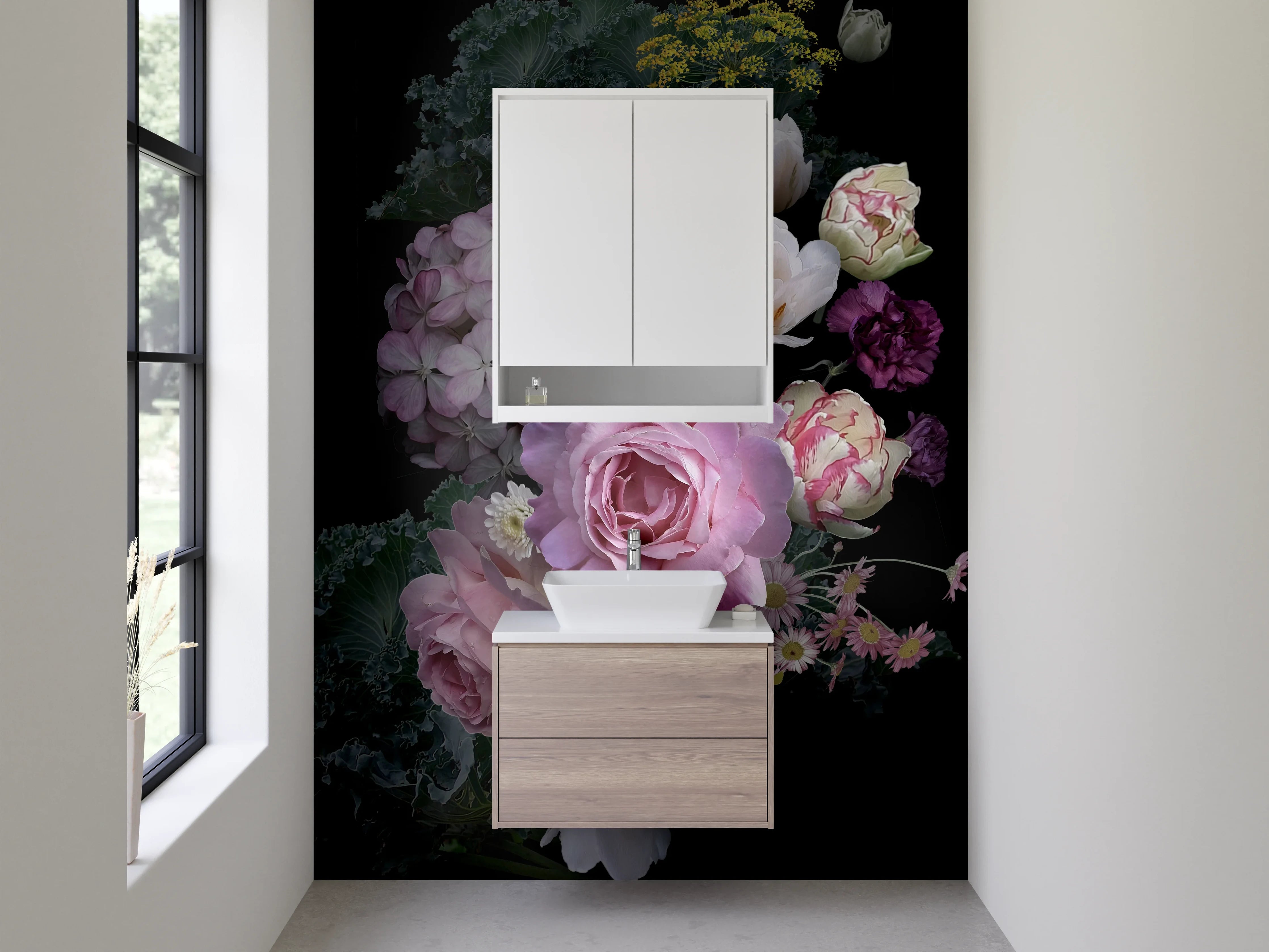Waschbecken-Rückwand - Elegantes Blumenbouquet auf Schwarz