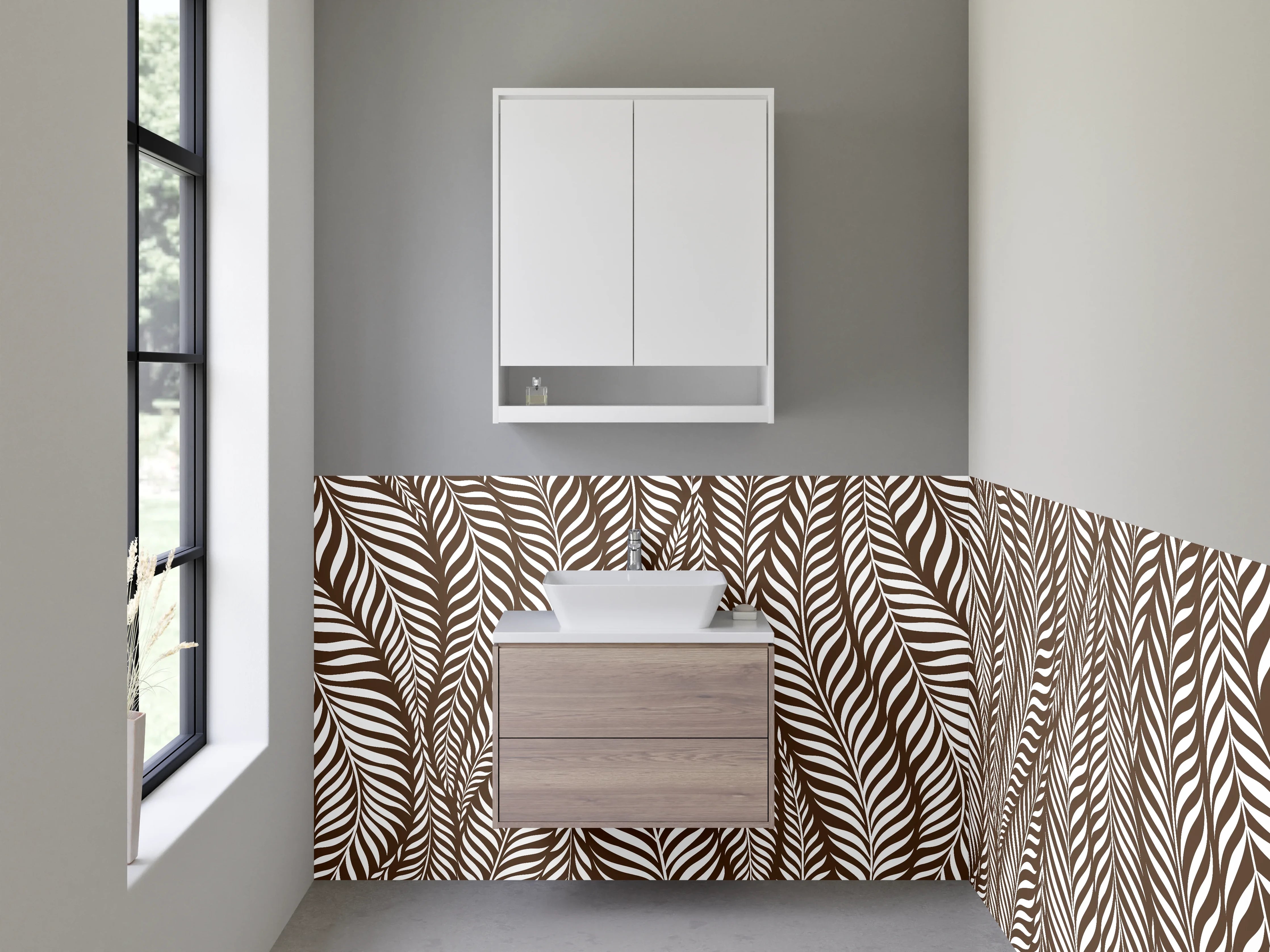 Waschbecken-Rückwand - Elegantes Braun-Weiß-Feder-Motiv