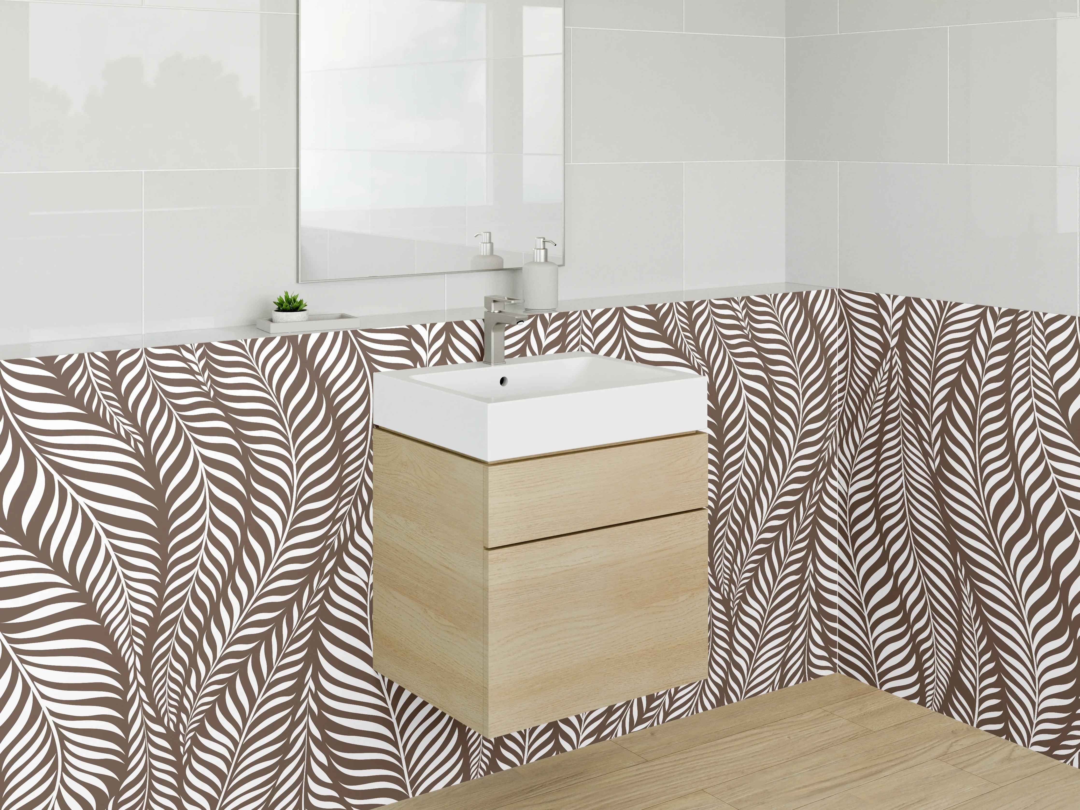 Waschbecken-Rückwand - Elegantes Braun-Weiß-Feder-Motiv