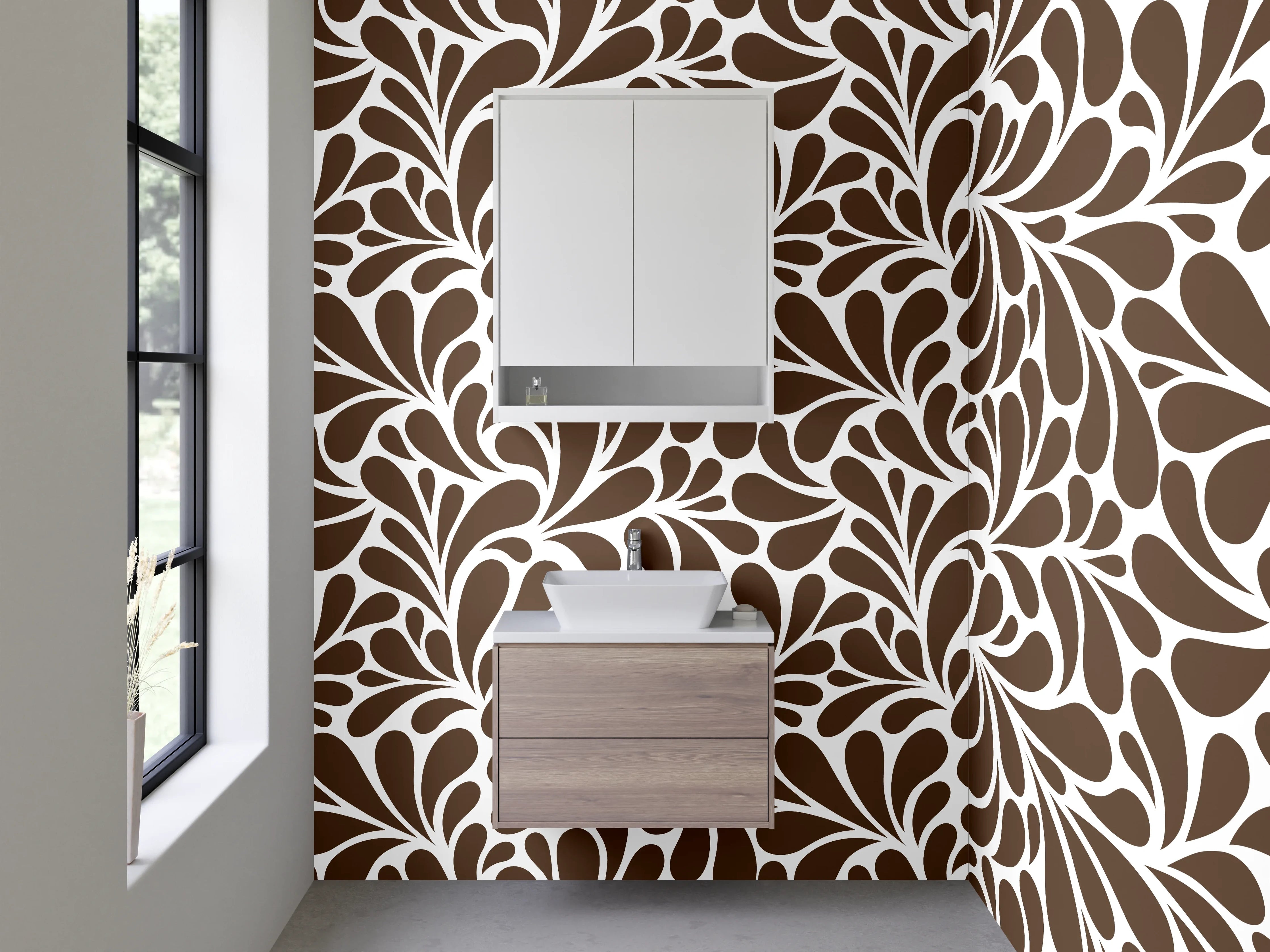 Waschbecken-Rückwand - Elegantes Brauntapetenmuster mit Blattdesign
