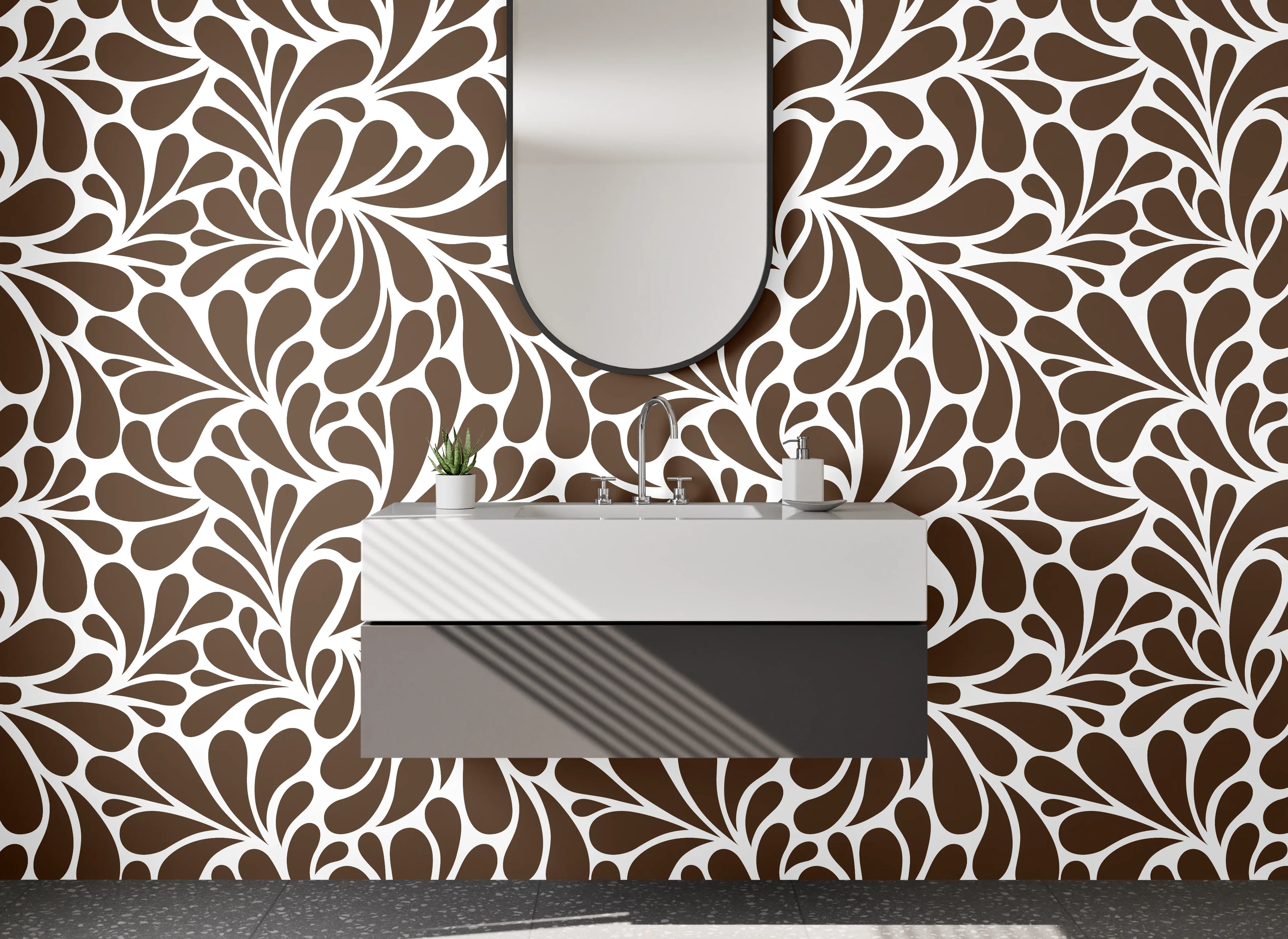 Waschbecken-Rückwand - Elegantes Brauntapetenmuster mit Blattdesign