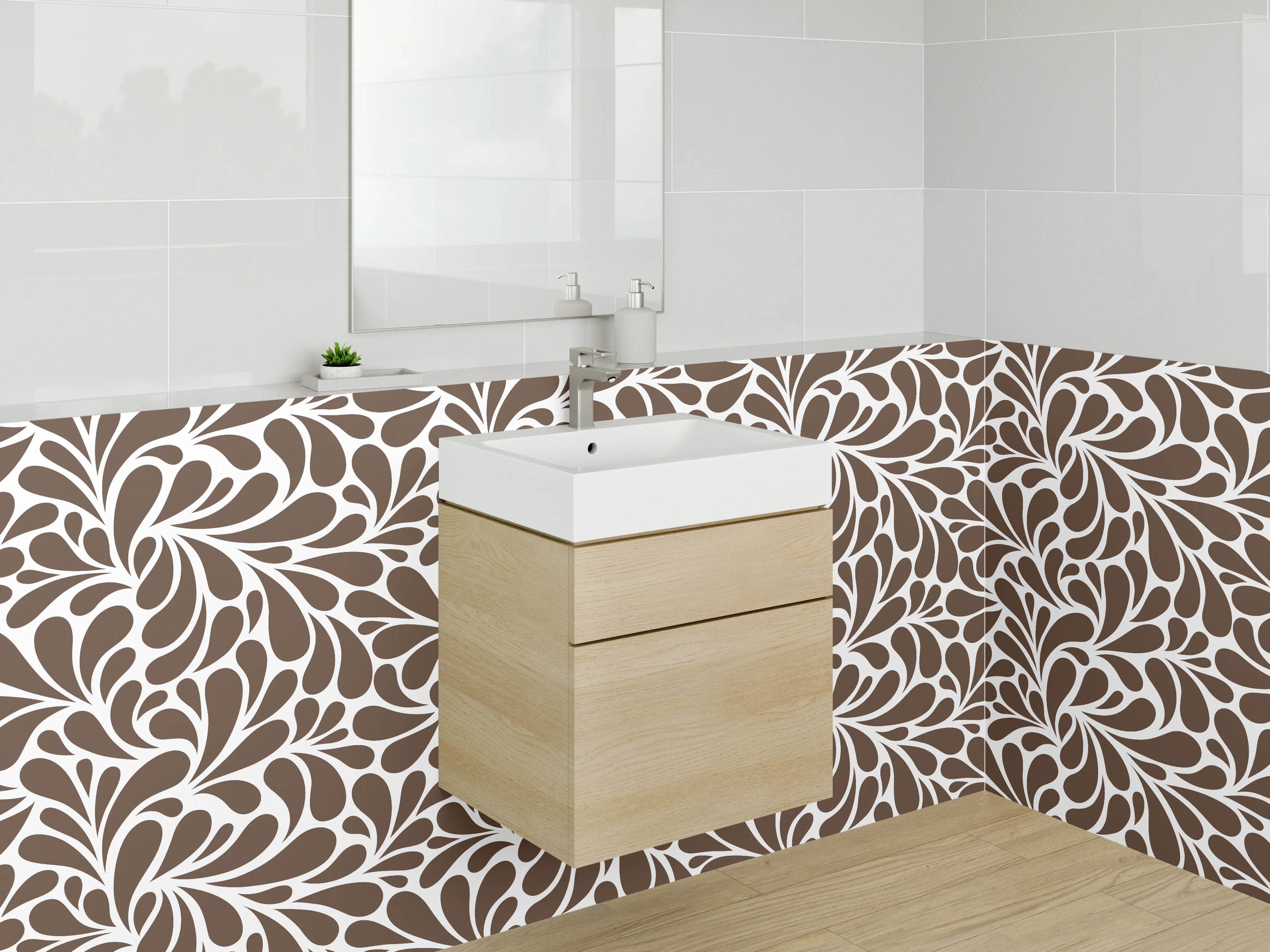 Waschbecken-Rückwand - Elegantes Brauntapetenmuster mit Blattdesign