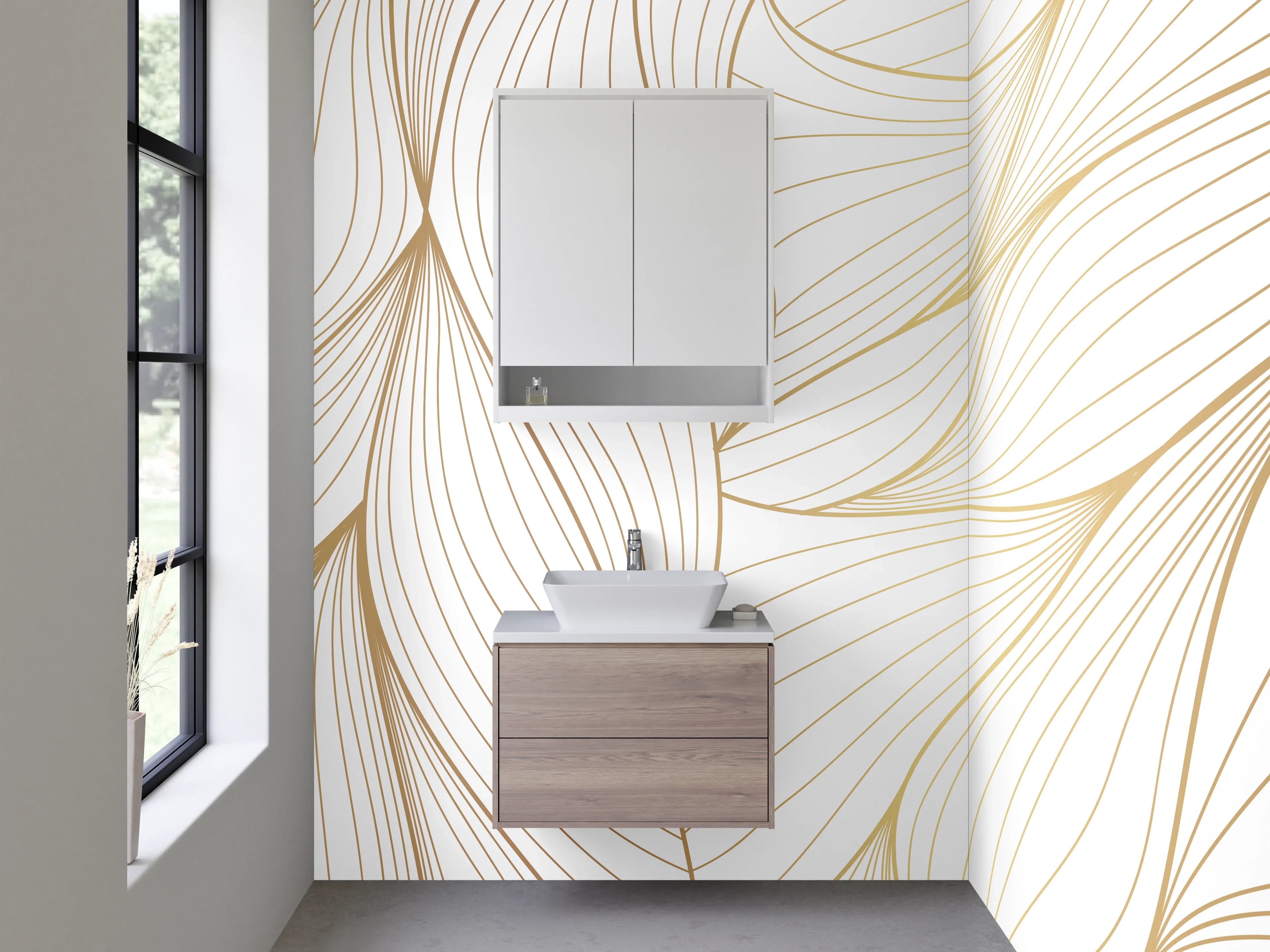 Waschbecken-Rückwand - Elegantes Lineart-Blattmuster Weiß Gold