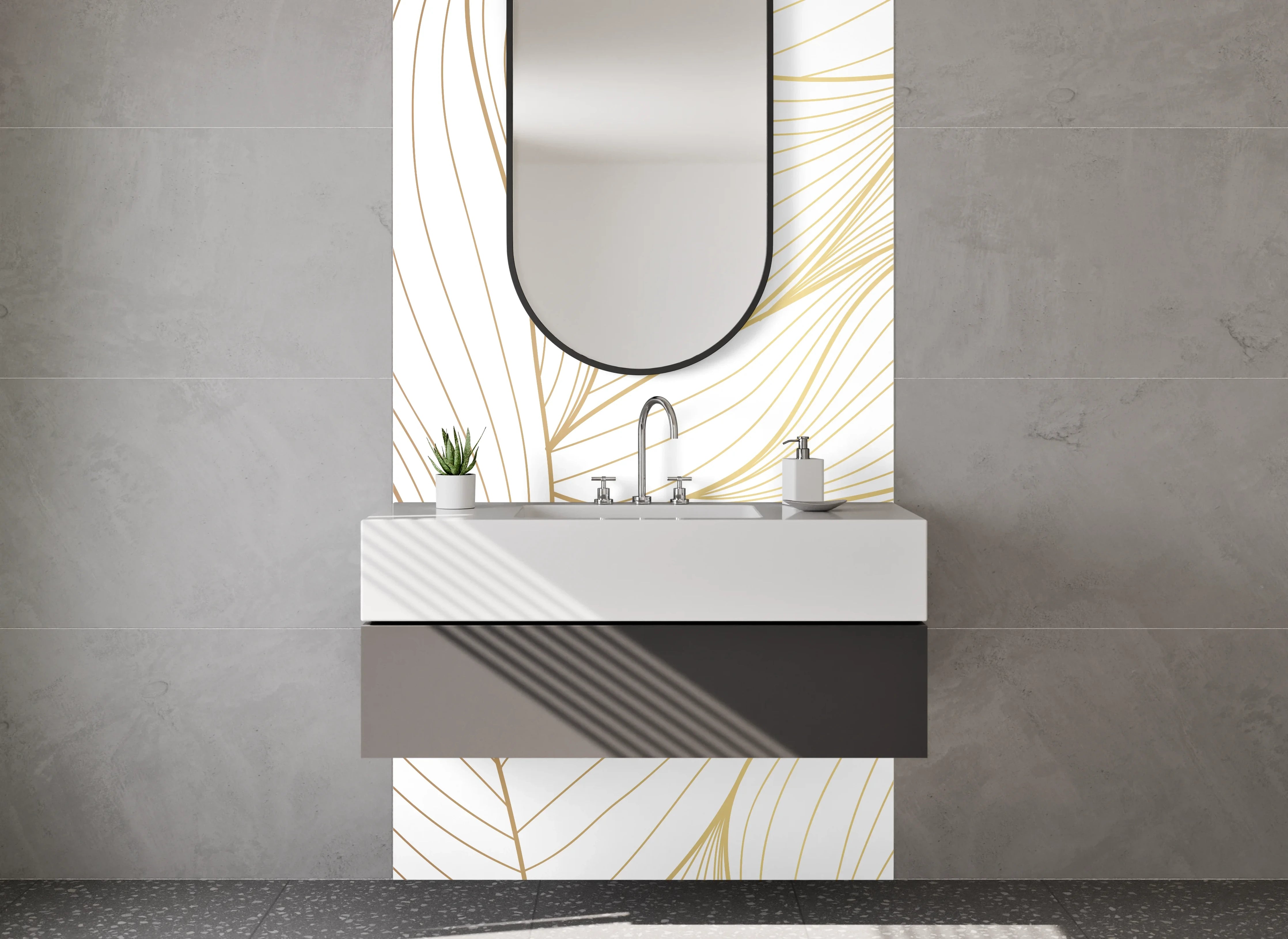 Waschbecken-Rückwand - Elegantes Lineart-Blattmuster Weiß Gold