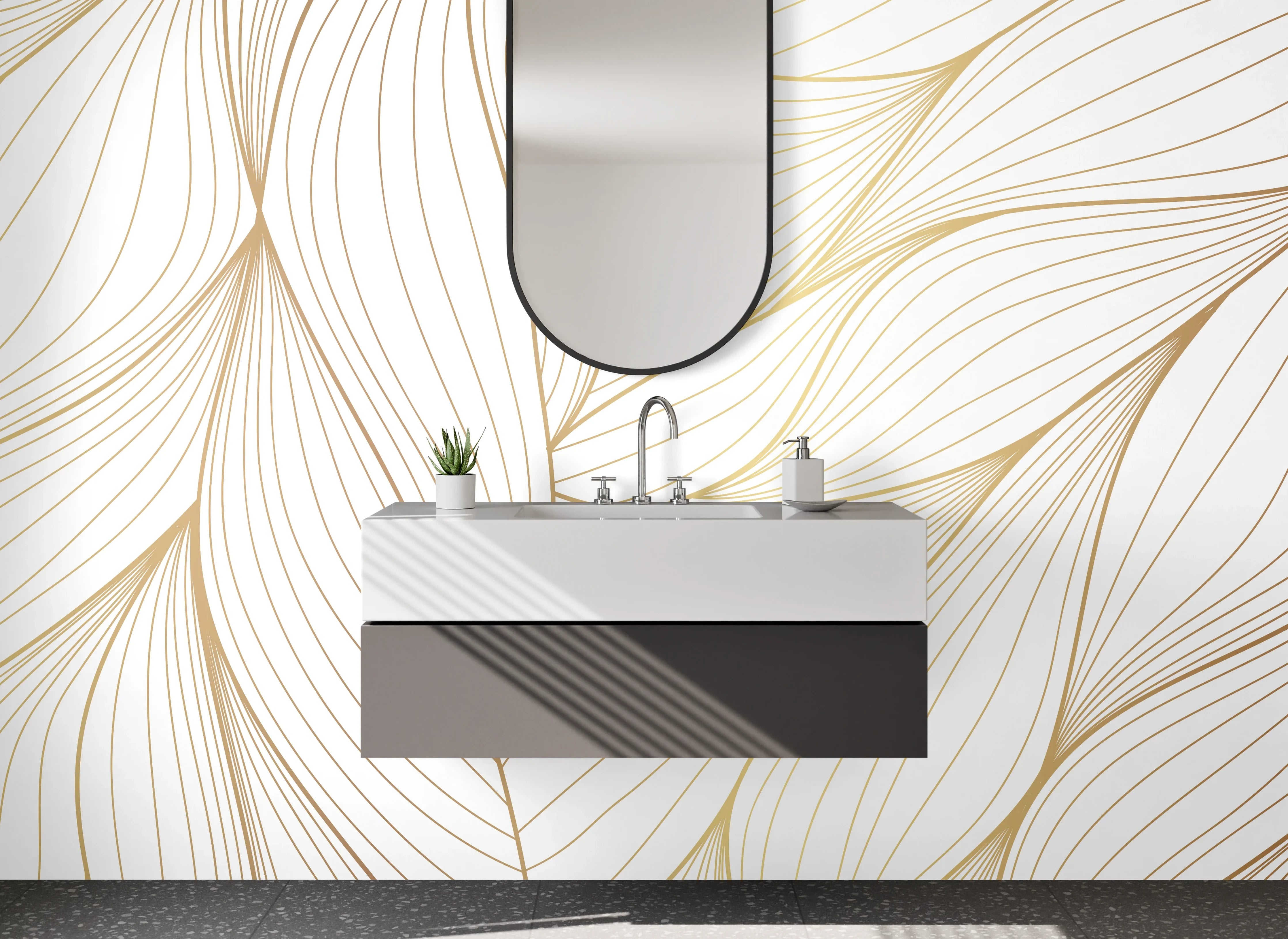 Waschbecken-Rückwand - Elegantes Lineart-Blattmuster Weiß Gold