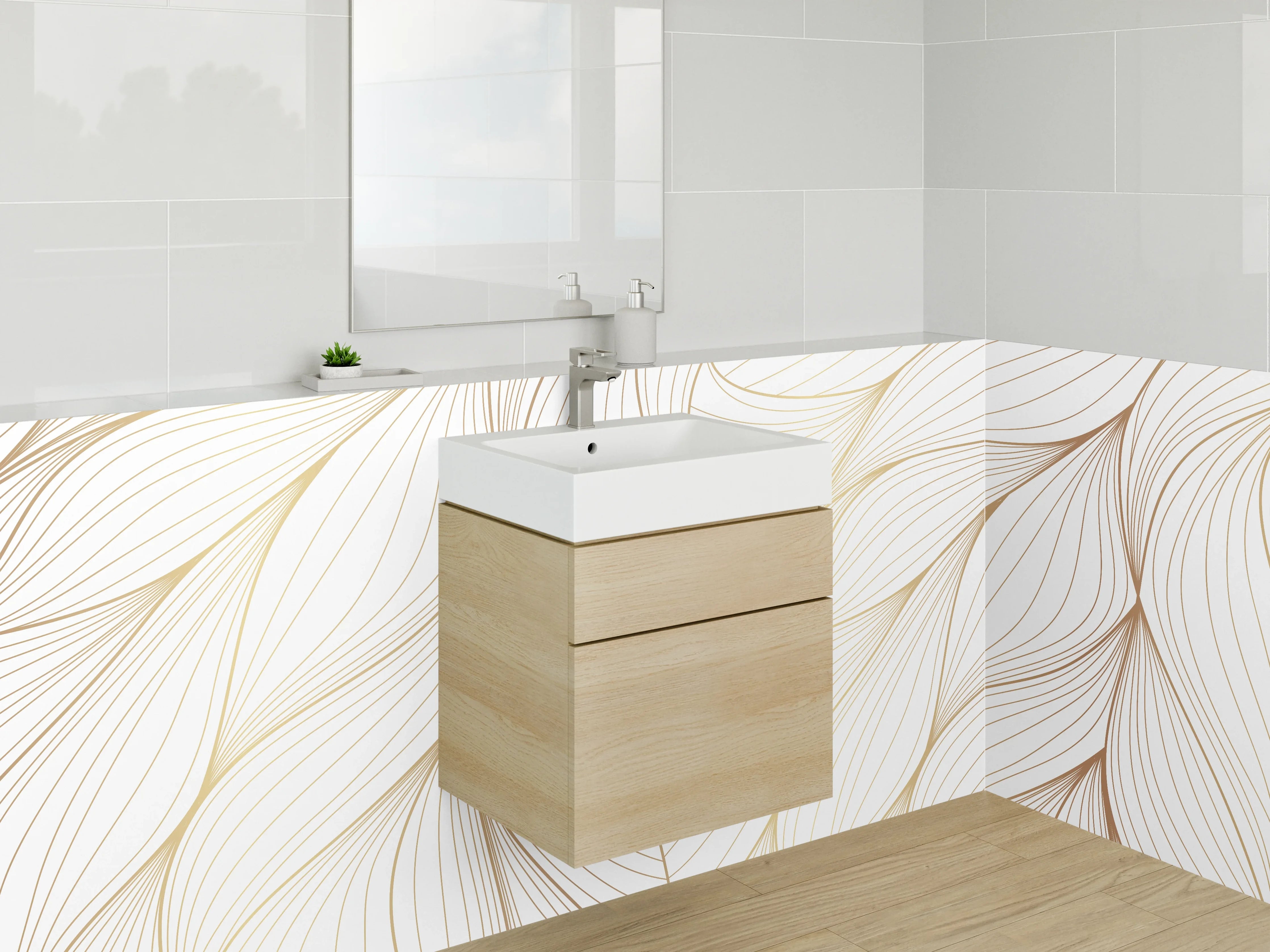 Waschbecken-Rückwand - Elegantes Lineart-Blattmuster Weiß Gold