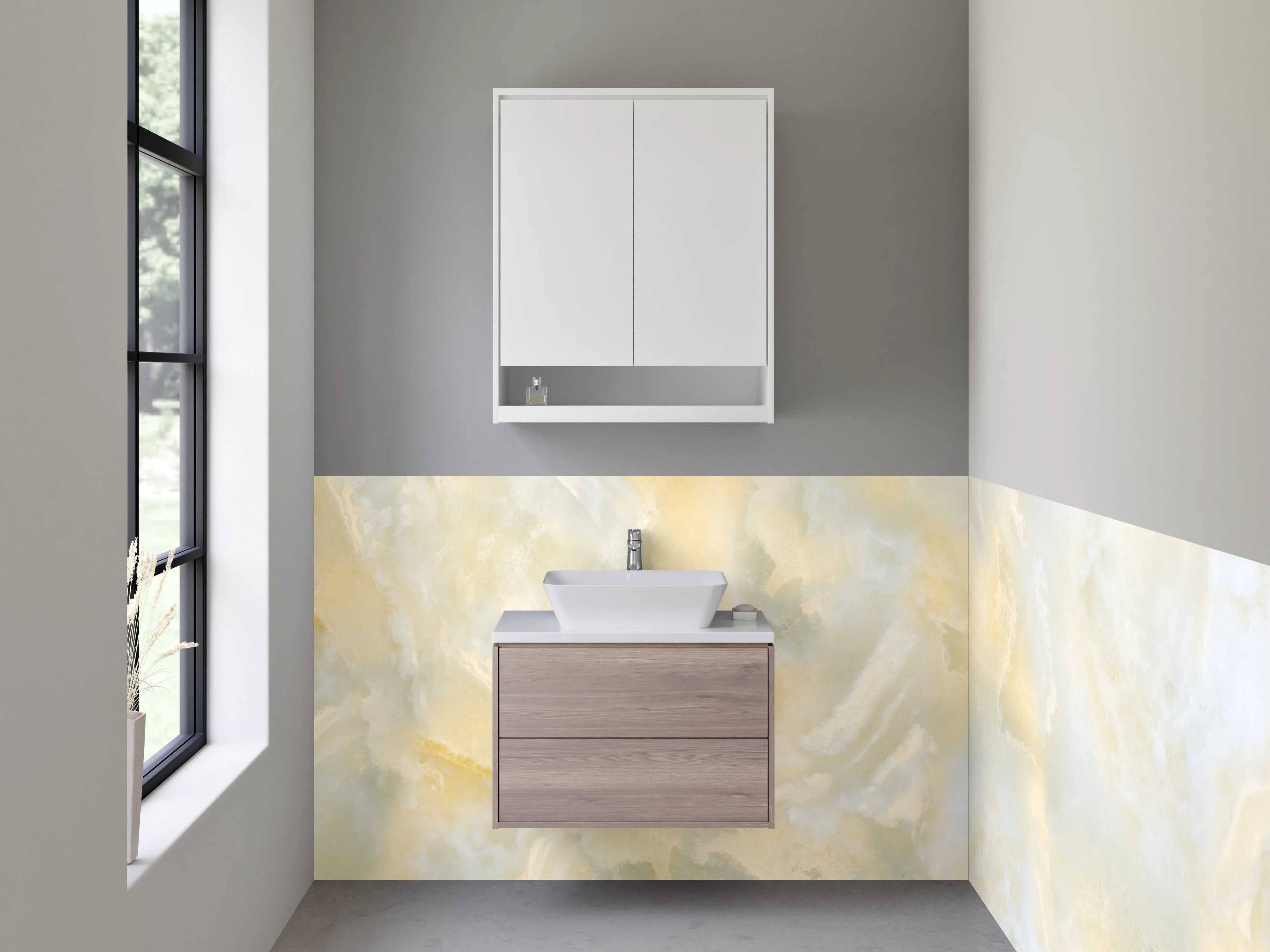 Waschbecken-Rückwand - Elegantes Marmor-Dekor weiß-gelb