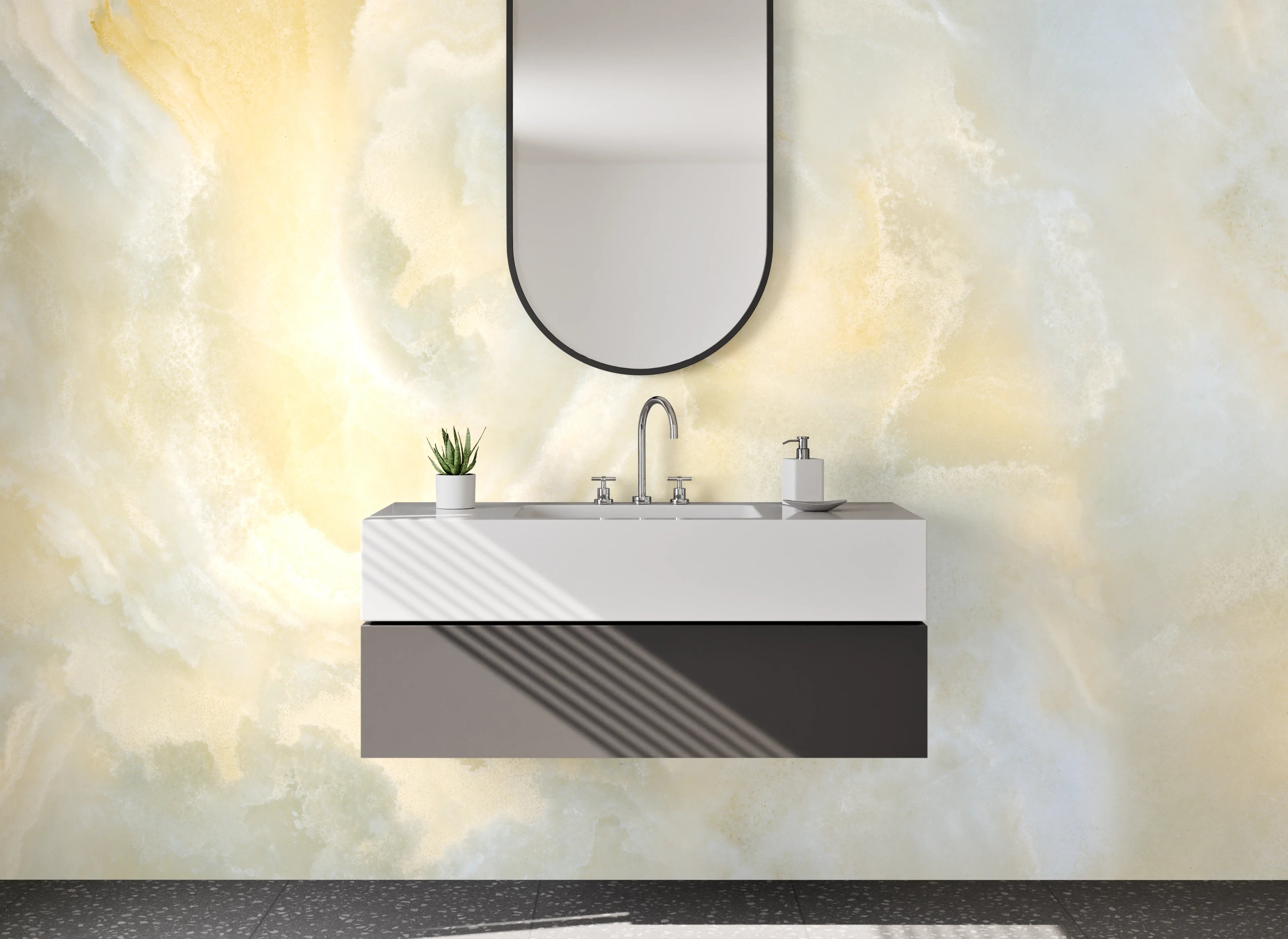 Waschbecken-Rückwand - Elegantes Marmor-Dekor weiß-gelb