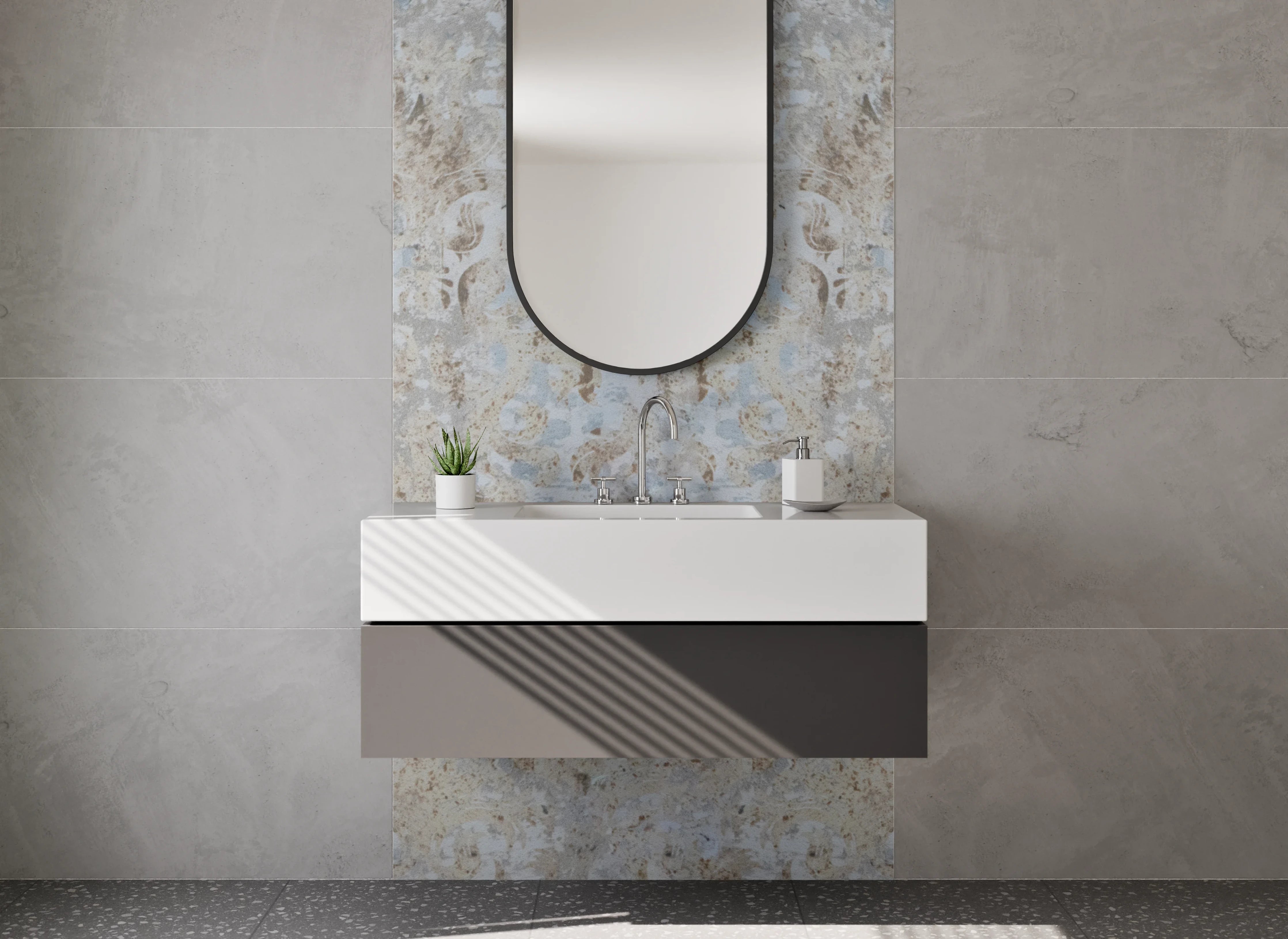 Waschbecken-Rückwand - Elegantes Vintage-Ornament Muster Beige Silber