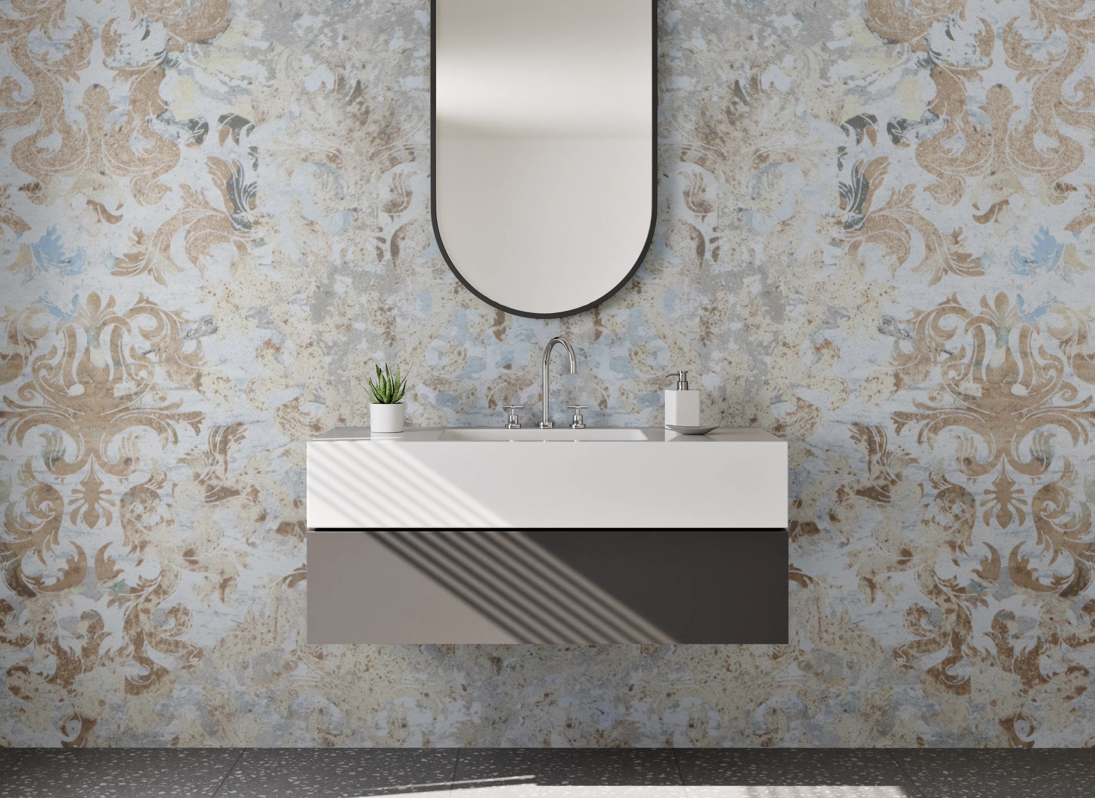 Waschbecken-Rückwand - Elegantes Vintage-Ornament Muster Beige Silber
