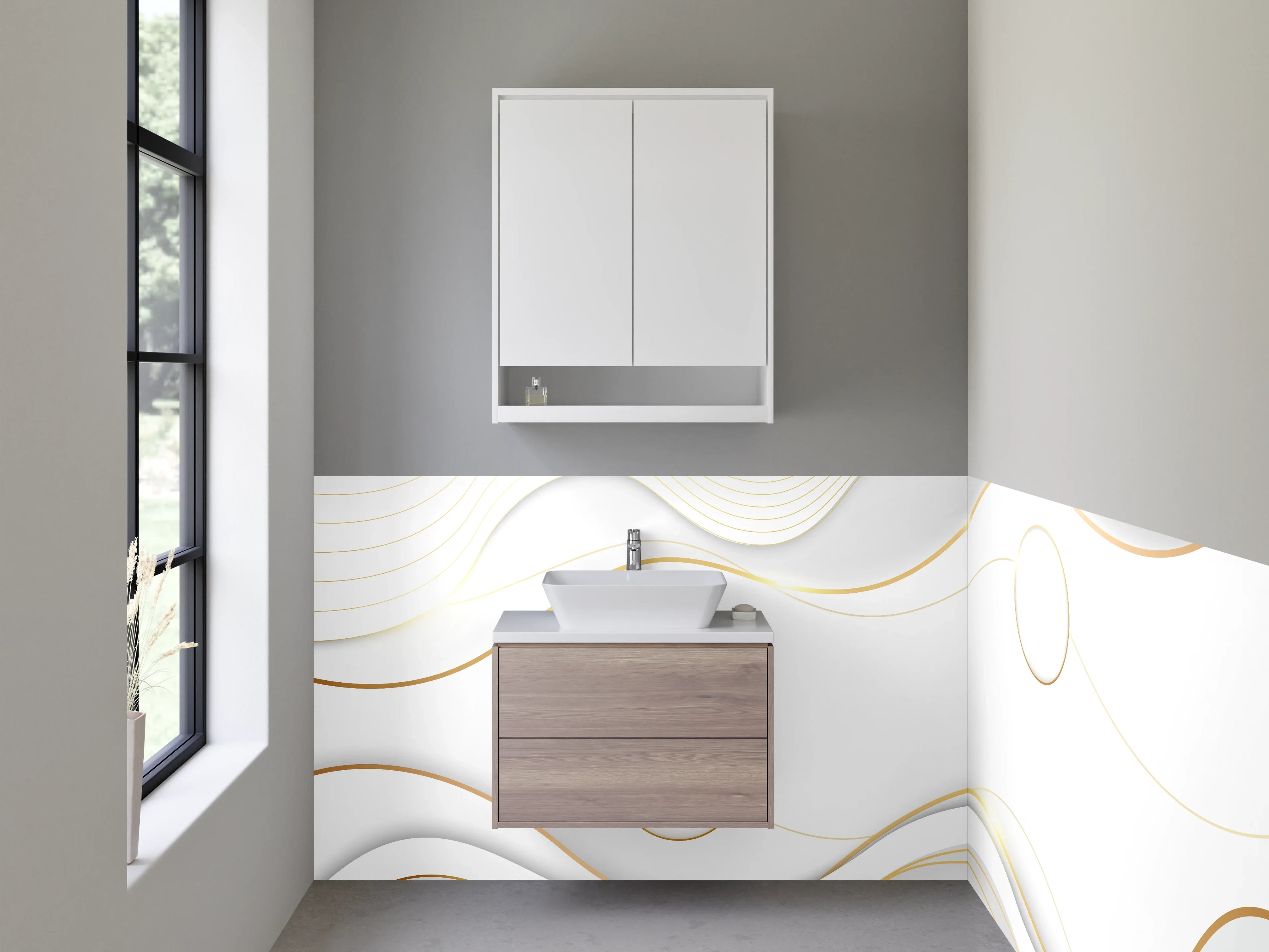 Waschbecken-Rückwand - Elegantes Weiß Gold Wellenmuster