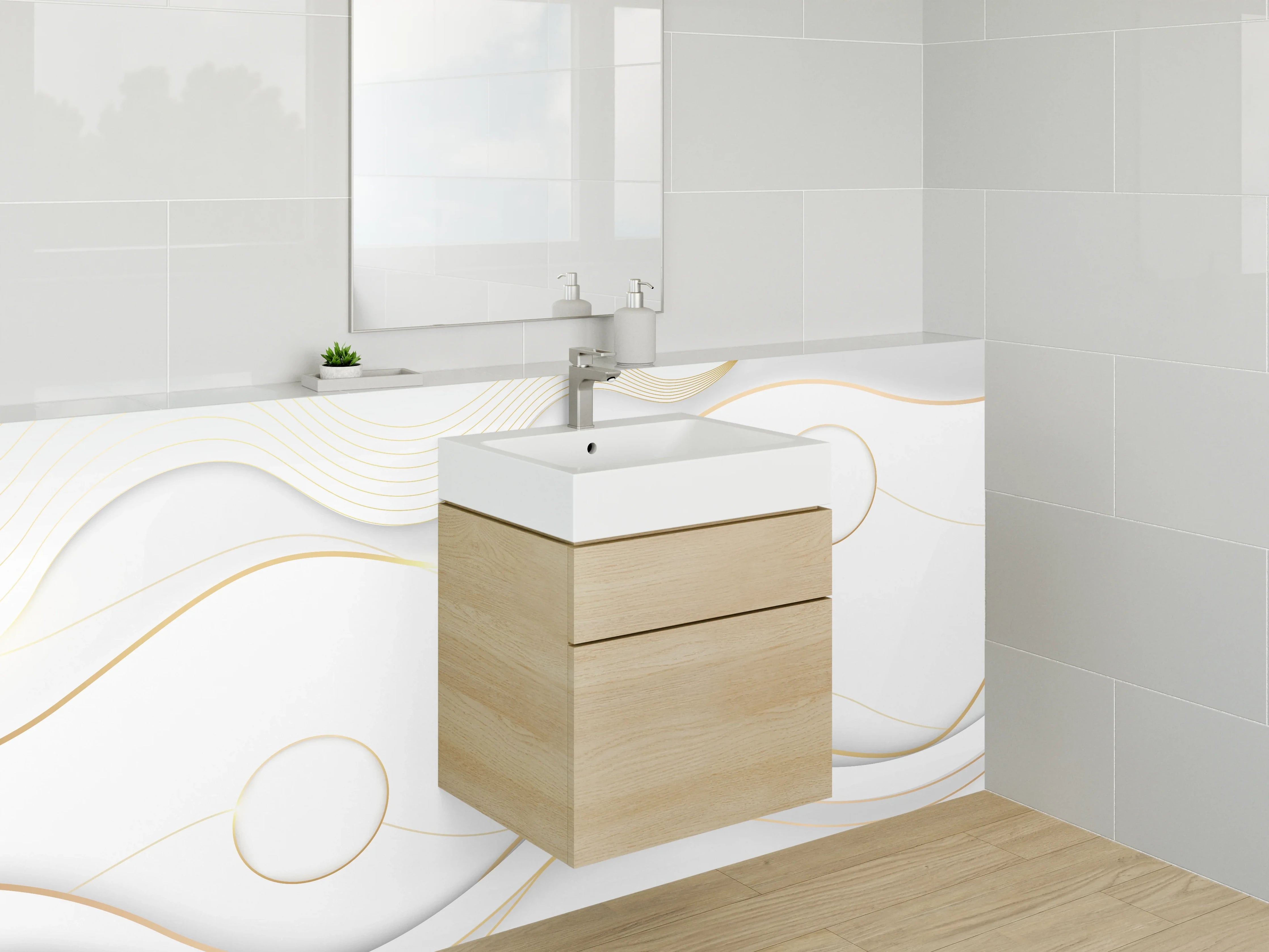 Waschbecken-Rückwand - Elegantes Weiß Gold Wellenmuster