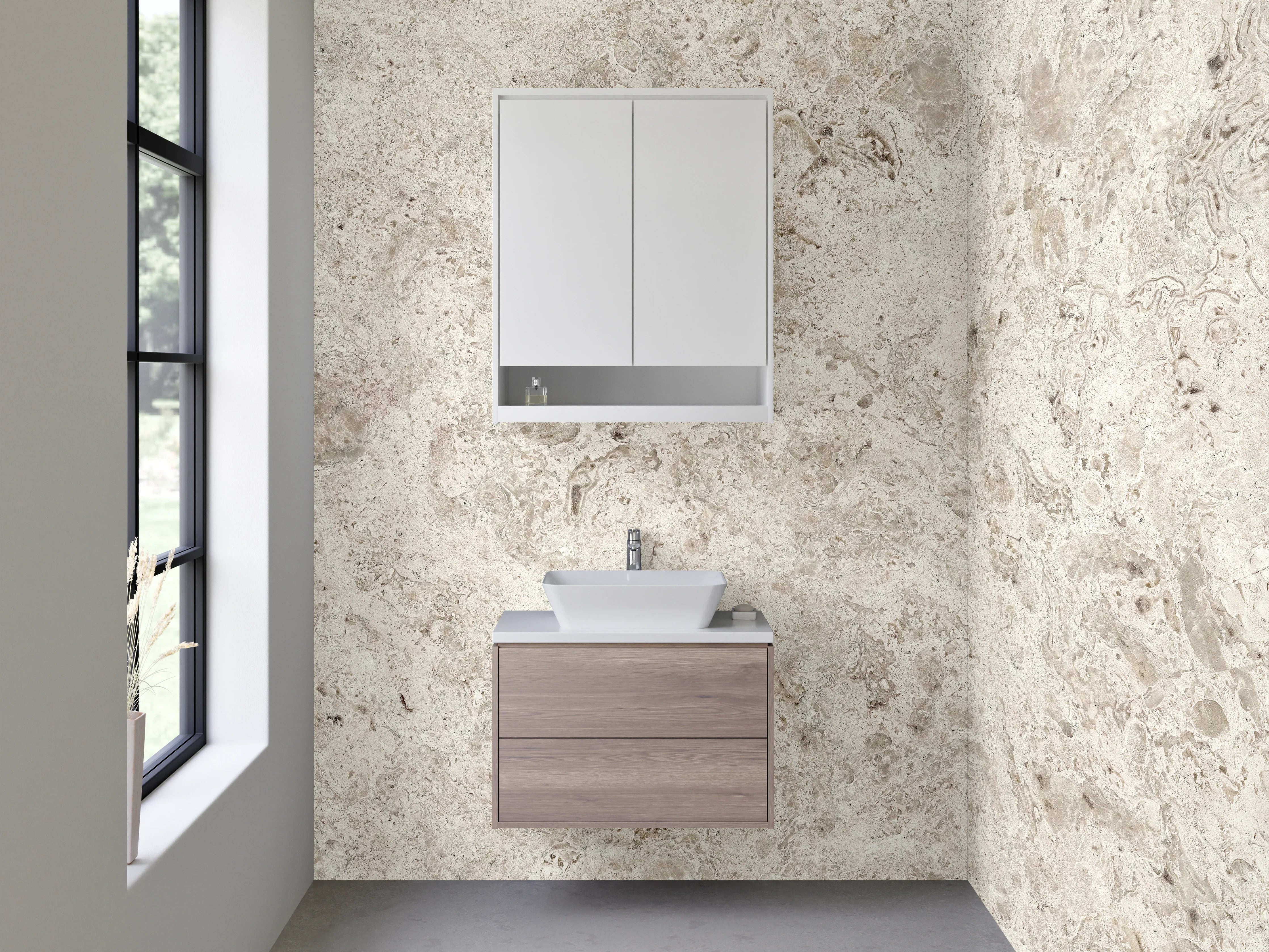 Waschbecken-Rückwand - Elegantes Weiß-Grau Kalkstein Design