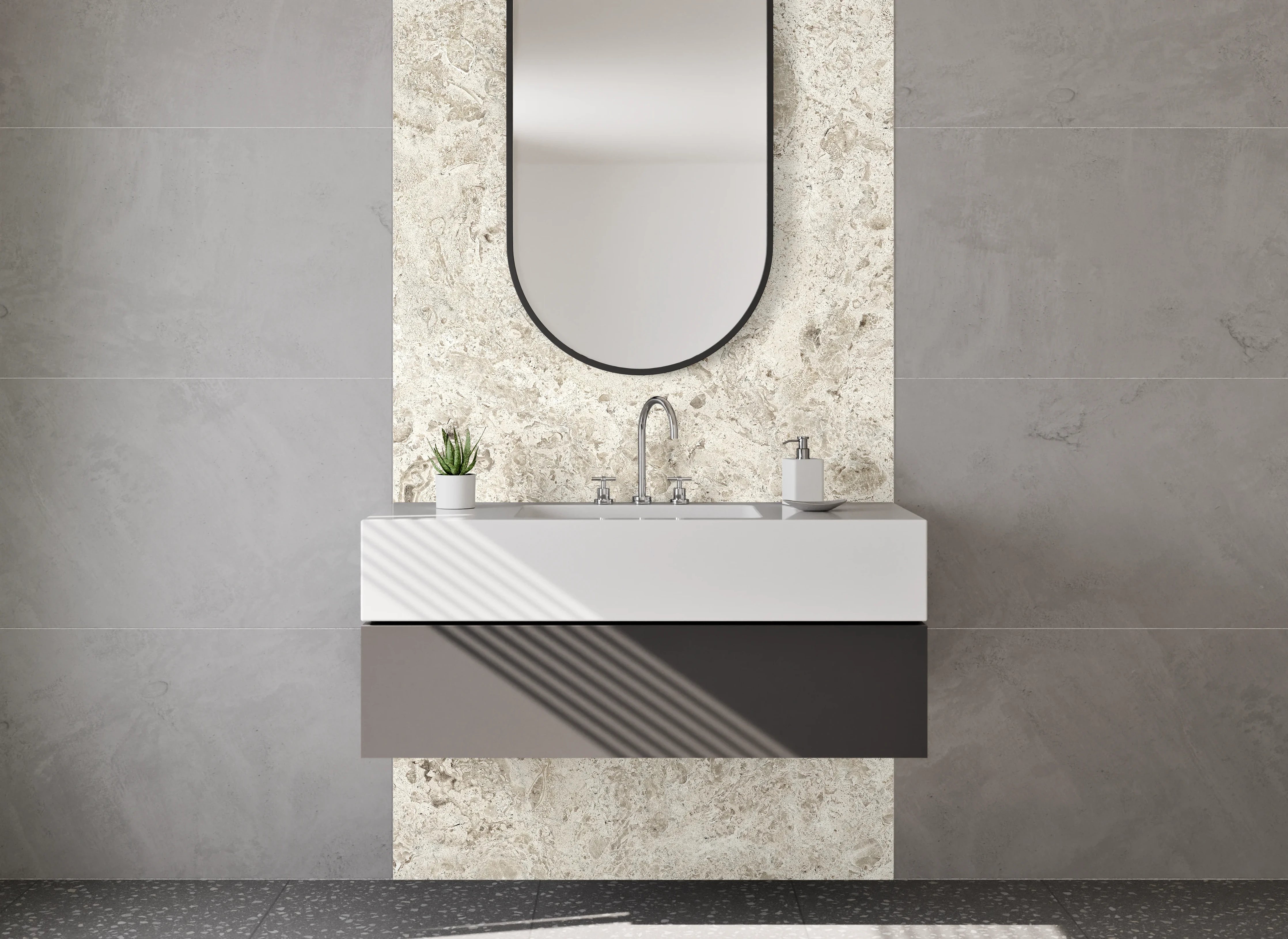 Waschbecken-Rückwand - Elegantes Weiß-Grau Kalkstein Design