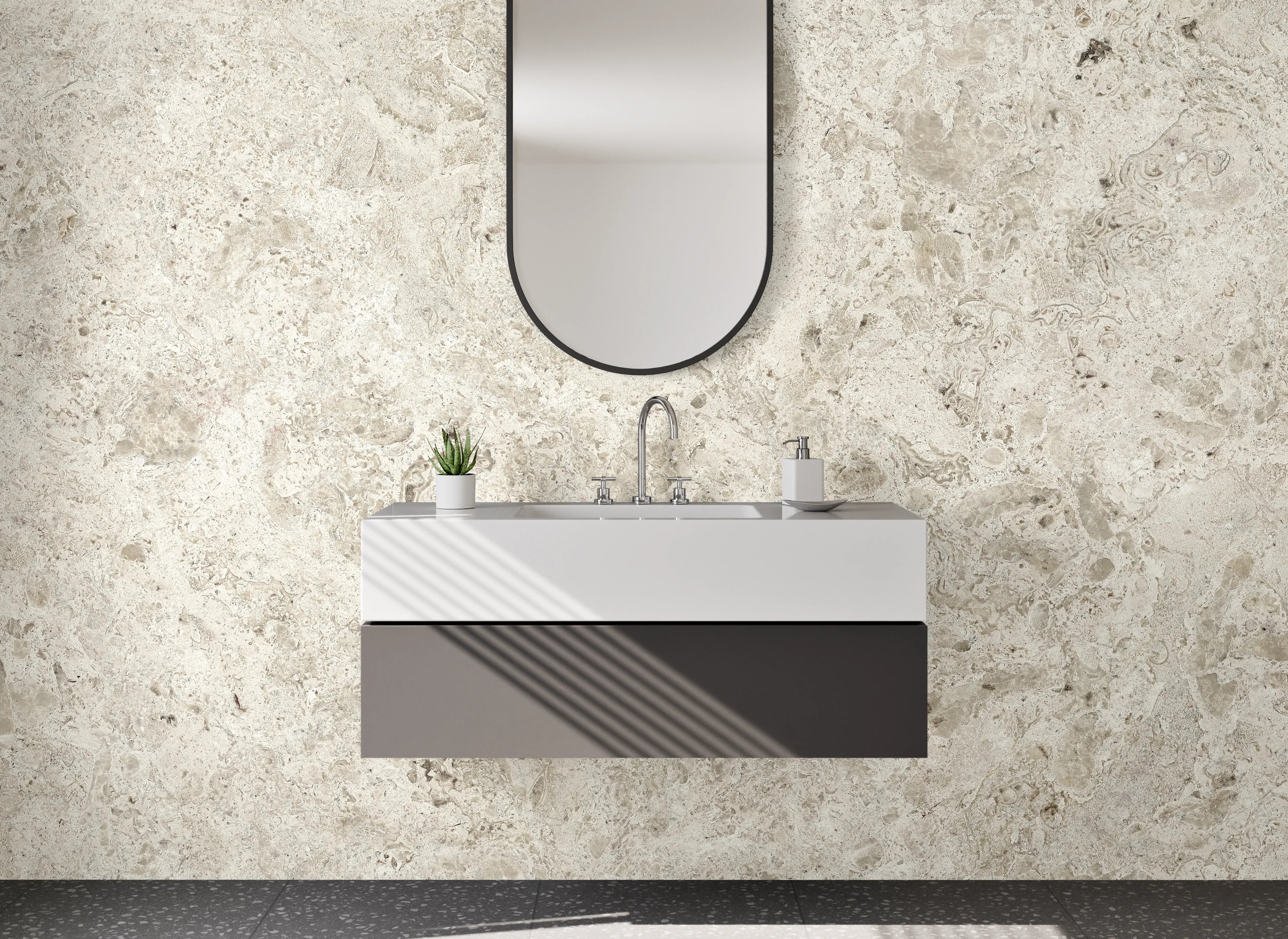 Waschbecken-Rückwand - Elegantes Weiß-Grau Kalkstein Design