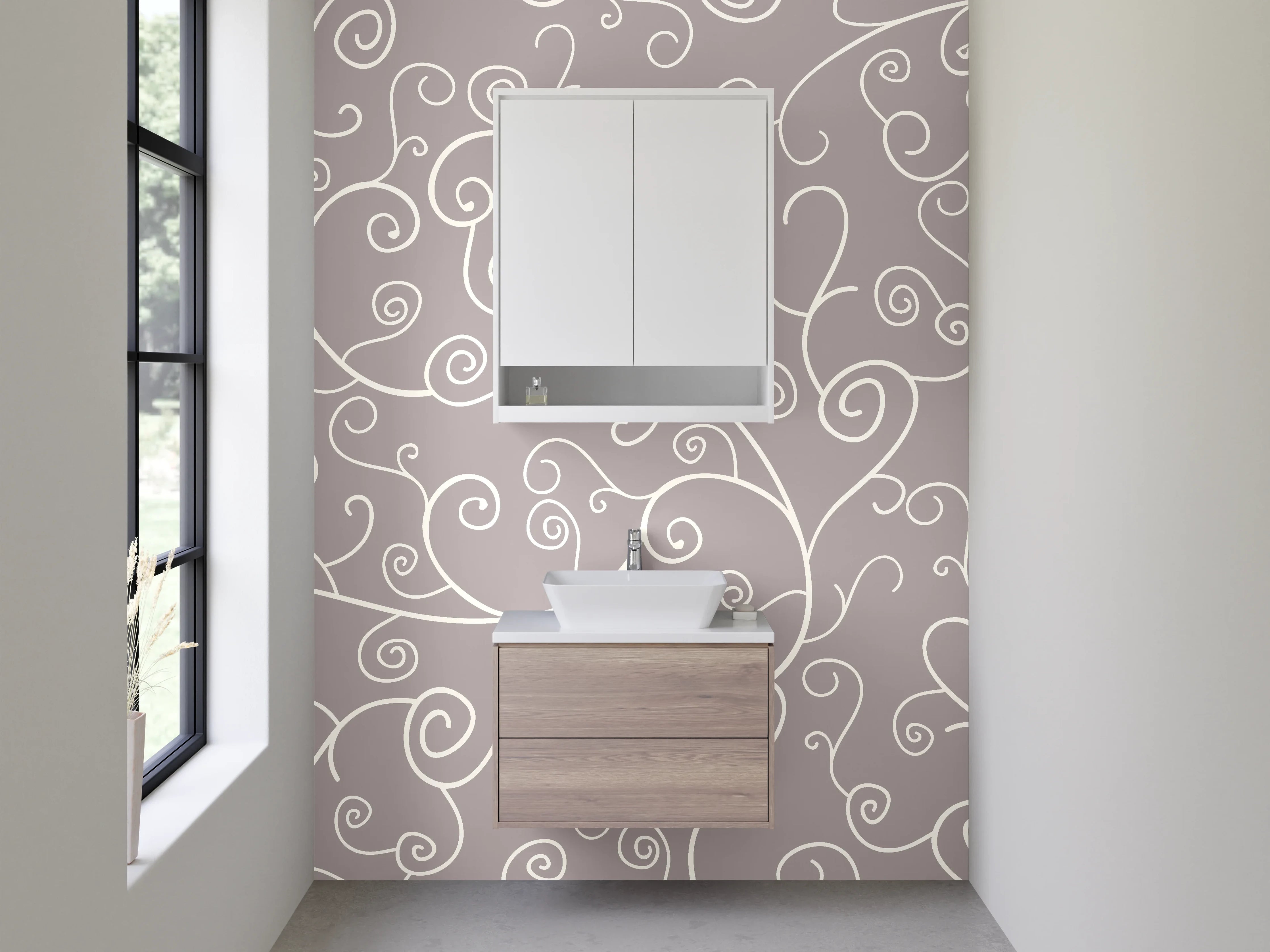 Waschbecken-Rückwand - Elegantes Weiß-Grau Rankenmuster Design