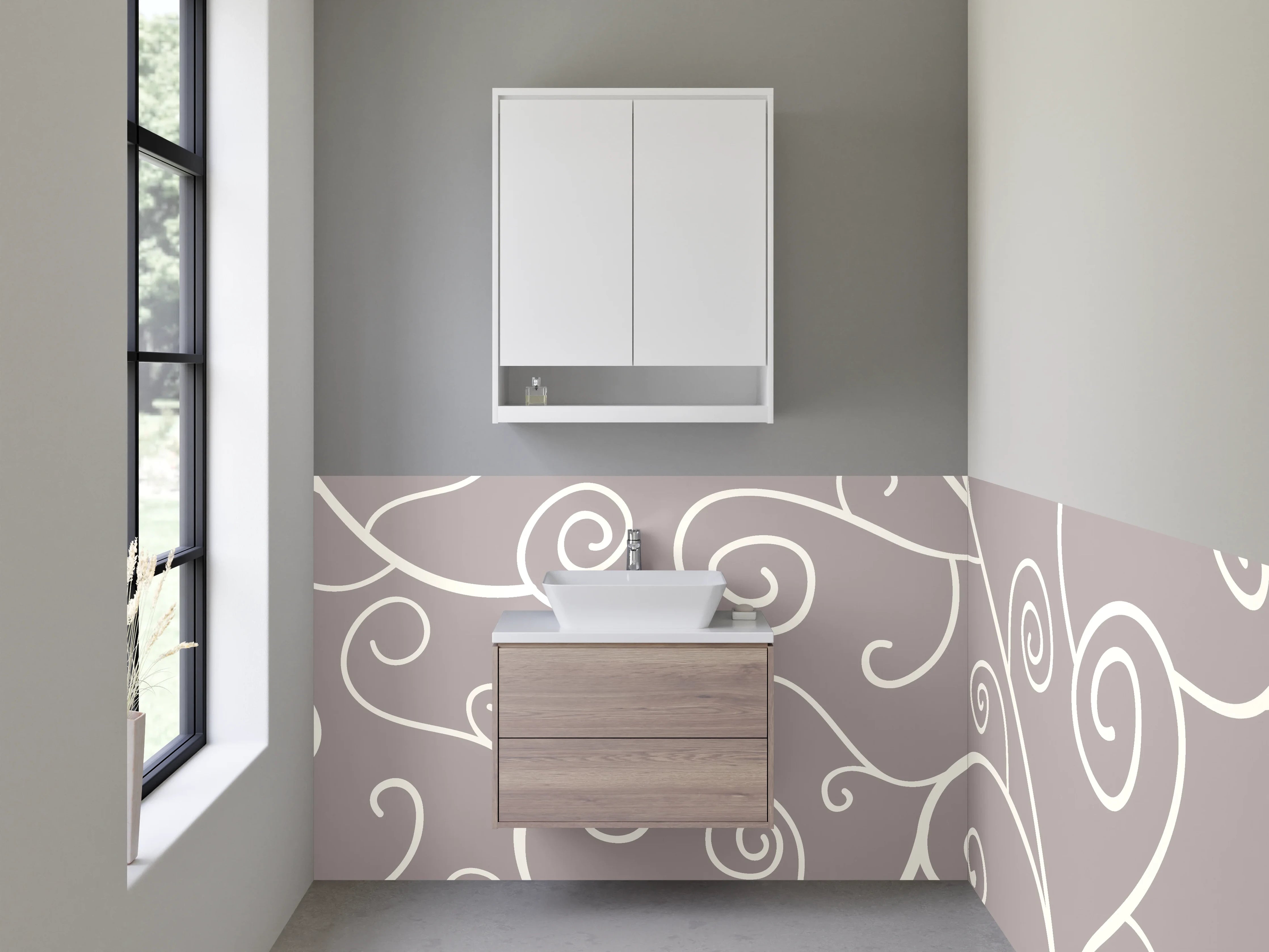 Waschbecken-Rückwand - Elegantes Weiß-Grau Rankenmuster Design