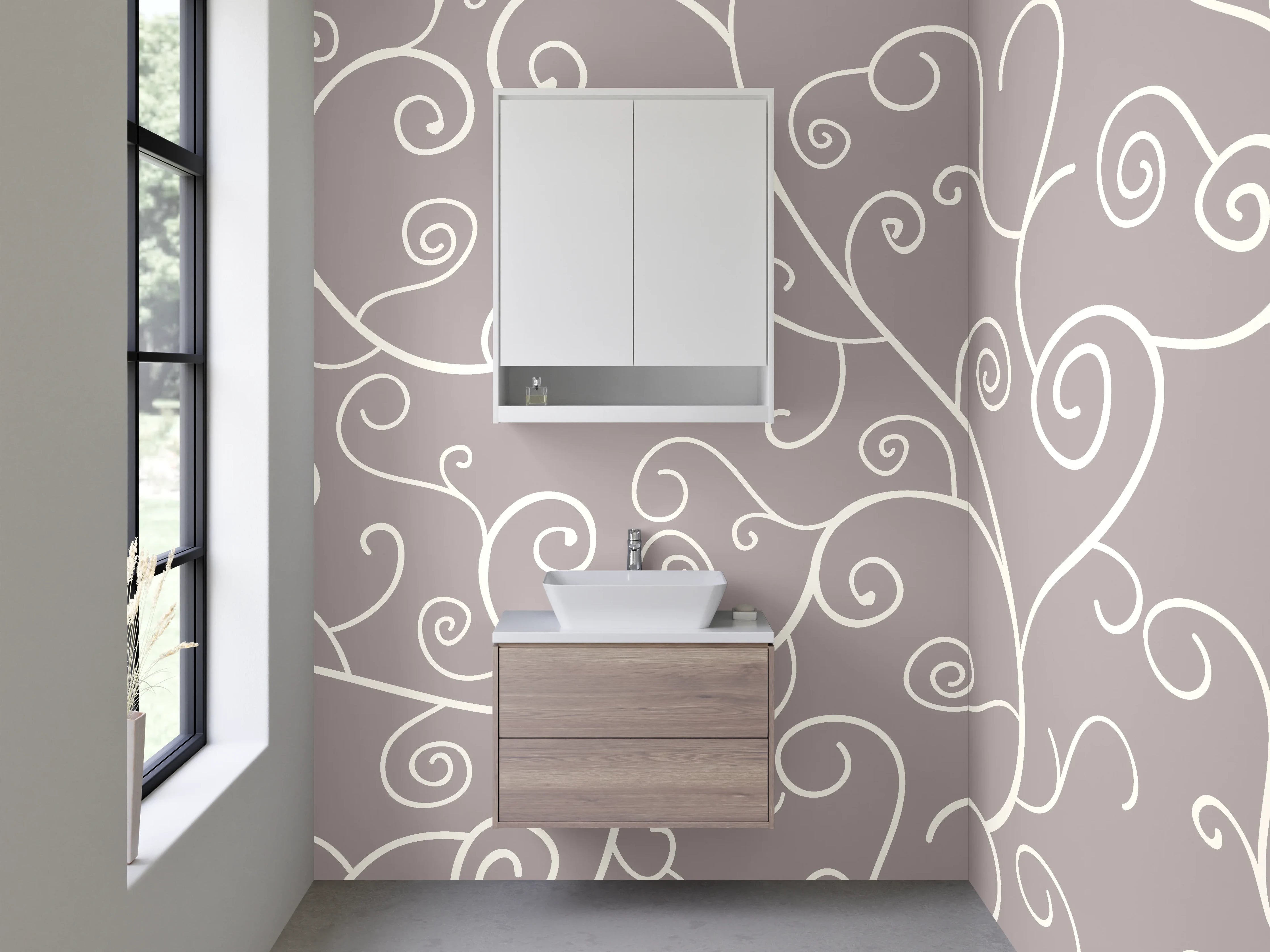 Waschbecken-Rückwand - Elegantes Weiß-Grau Rankenmuster Design