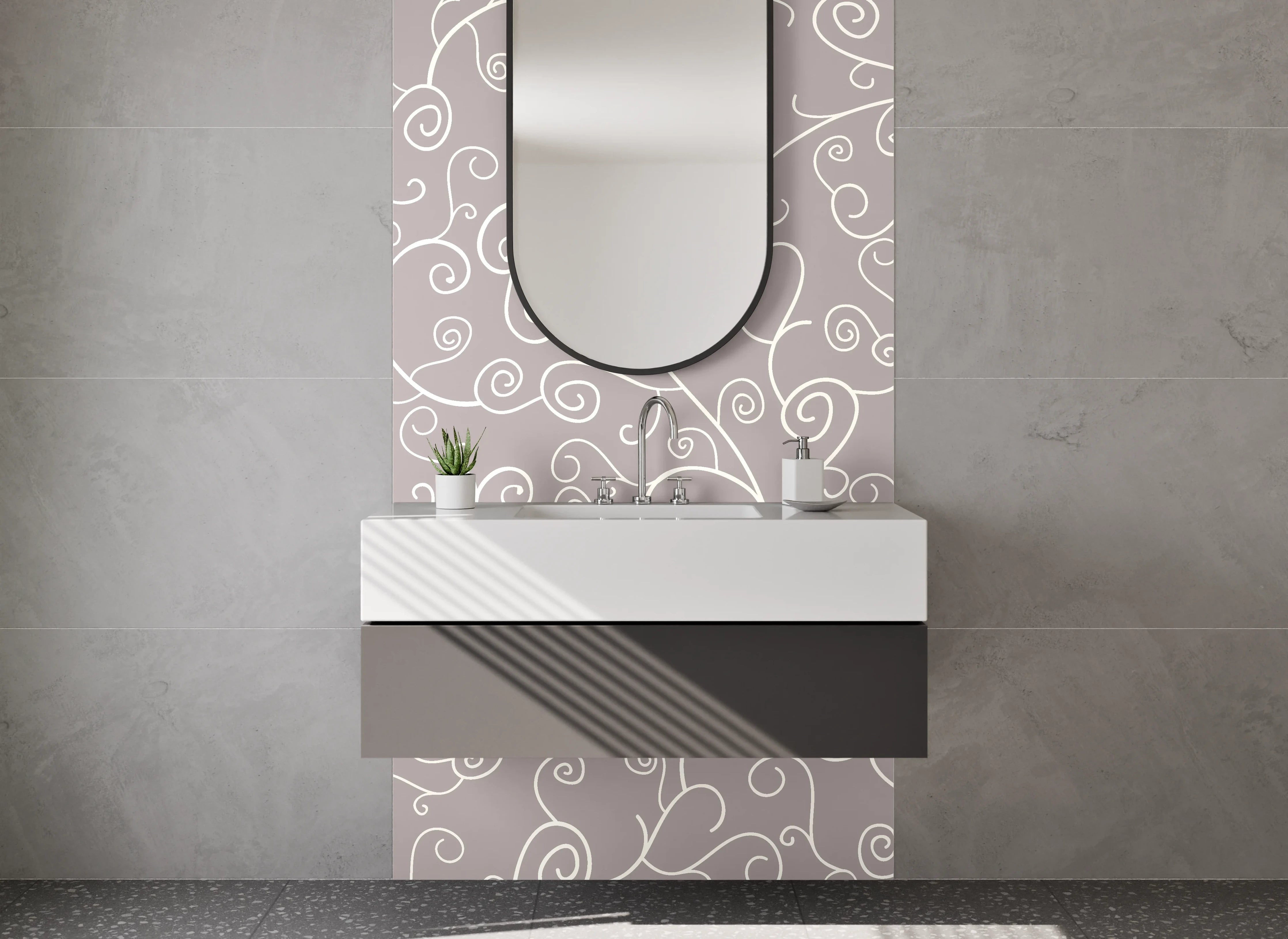 Waschbecken-Rückwand - Elegantes Weiß-Grau Rankenmuster Design