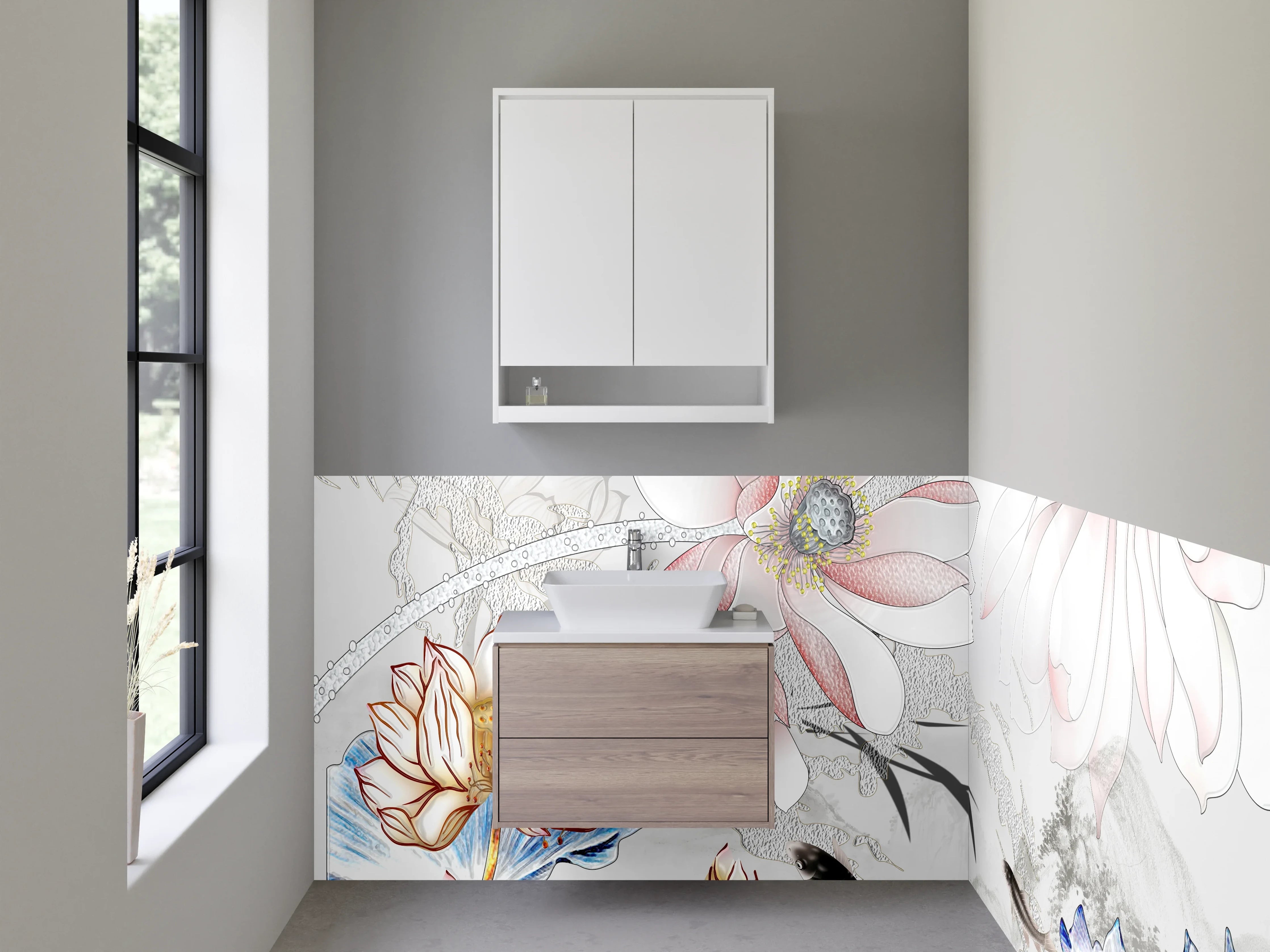 Waschbecken-Rückwand - Elegantes florales Aquarell mit Koi-Fischen
