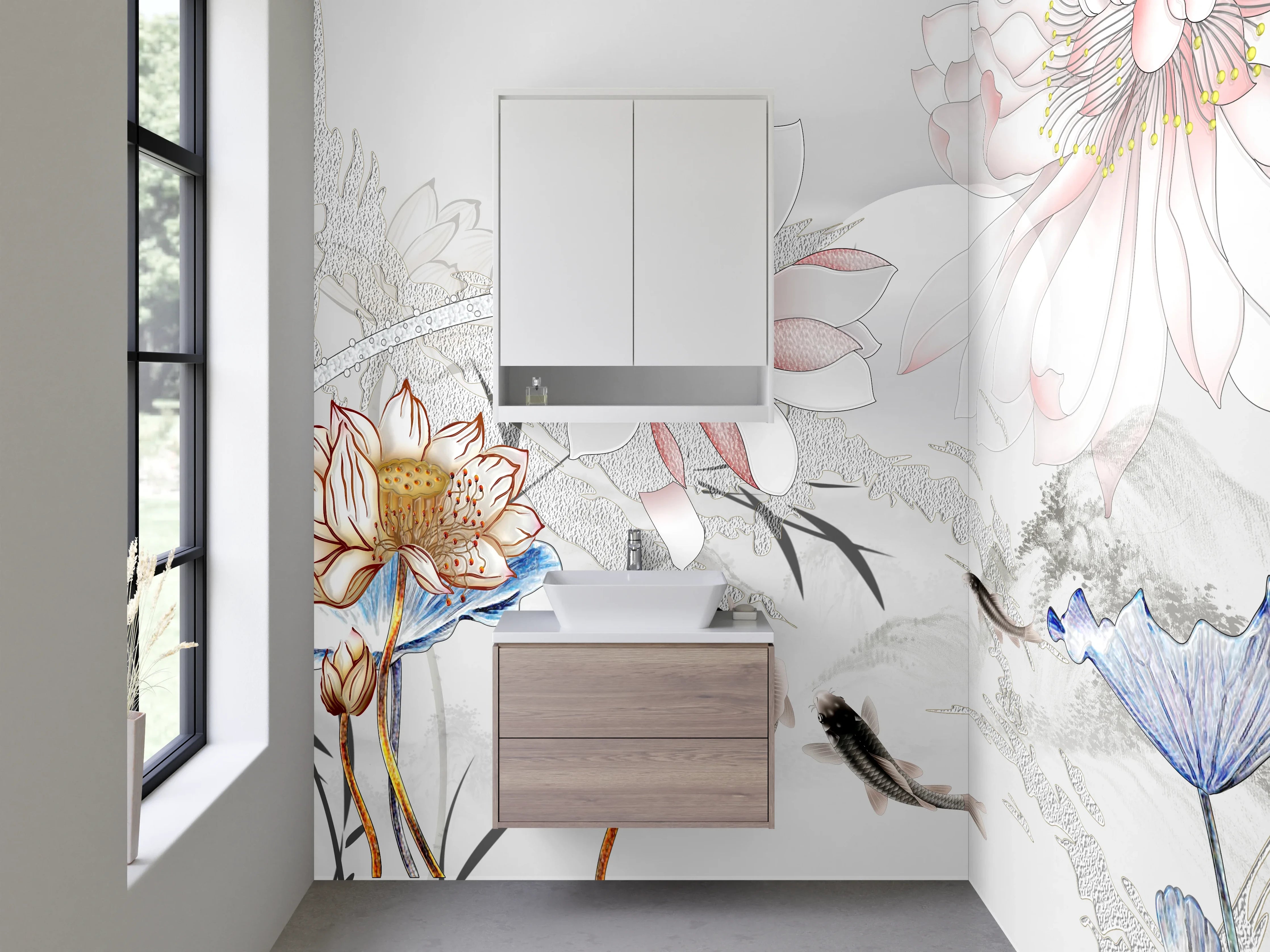 Waschbecken-Rückwand - Elegantes florales Aquarell mit Koi-Fischen