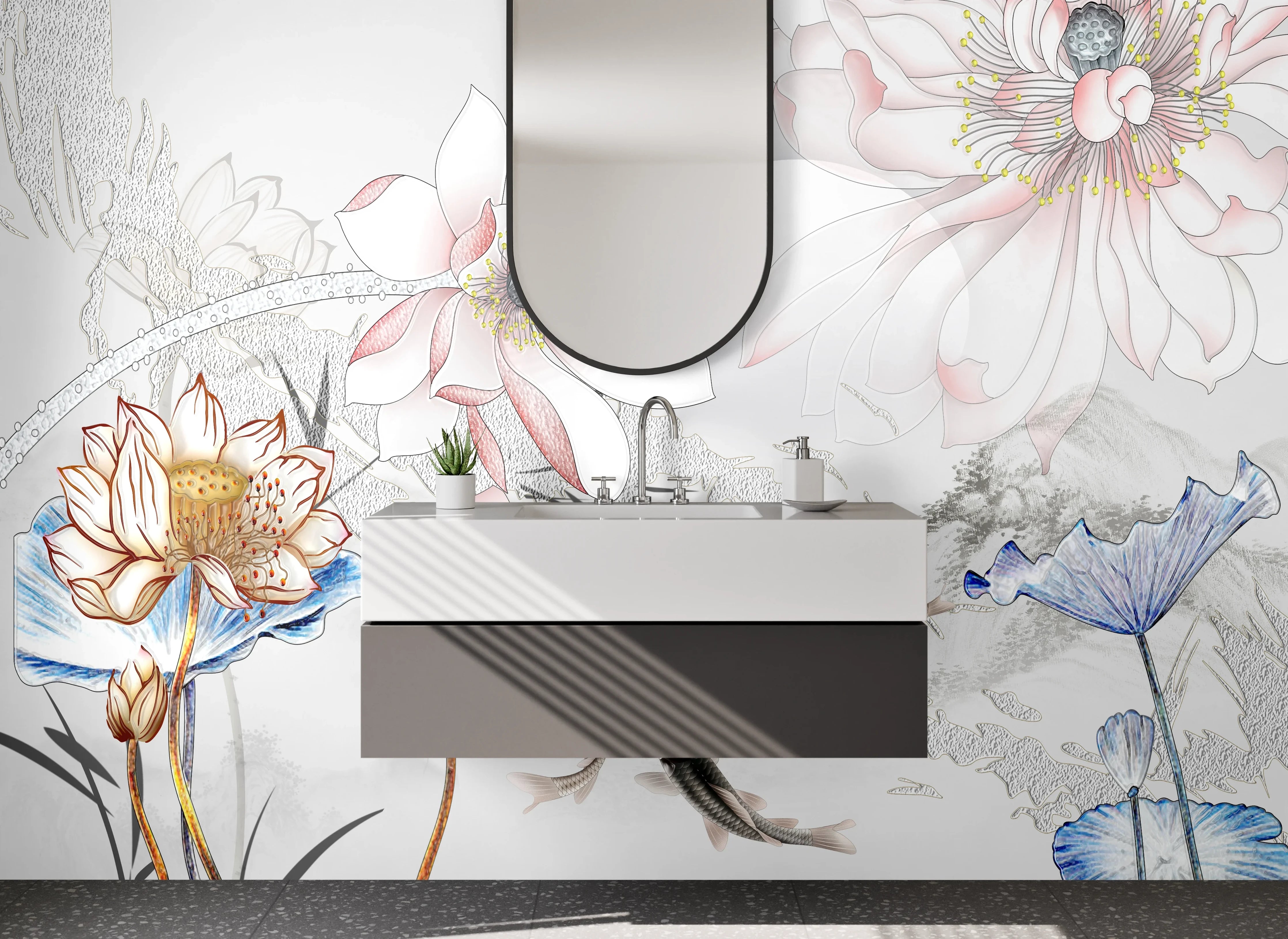 Waschbecken-Rückwand - Elegantes florales Aquarell mit Koi-Fischen