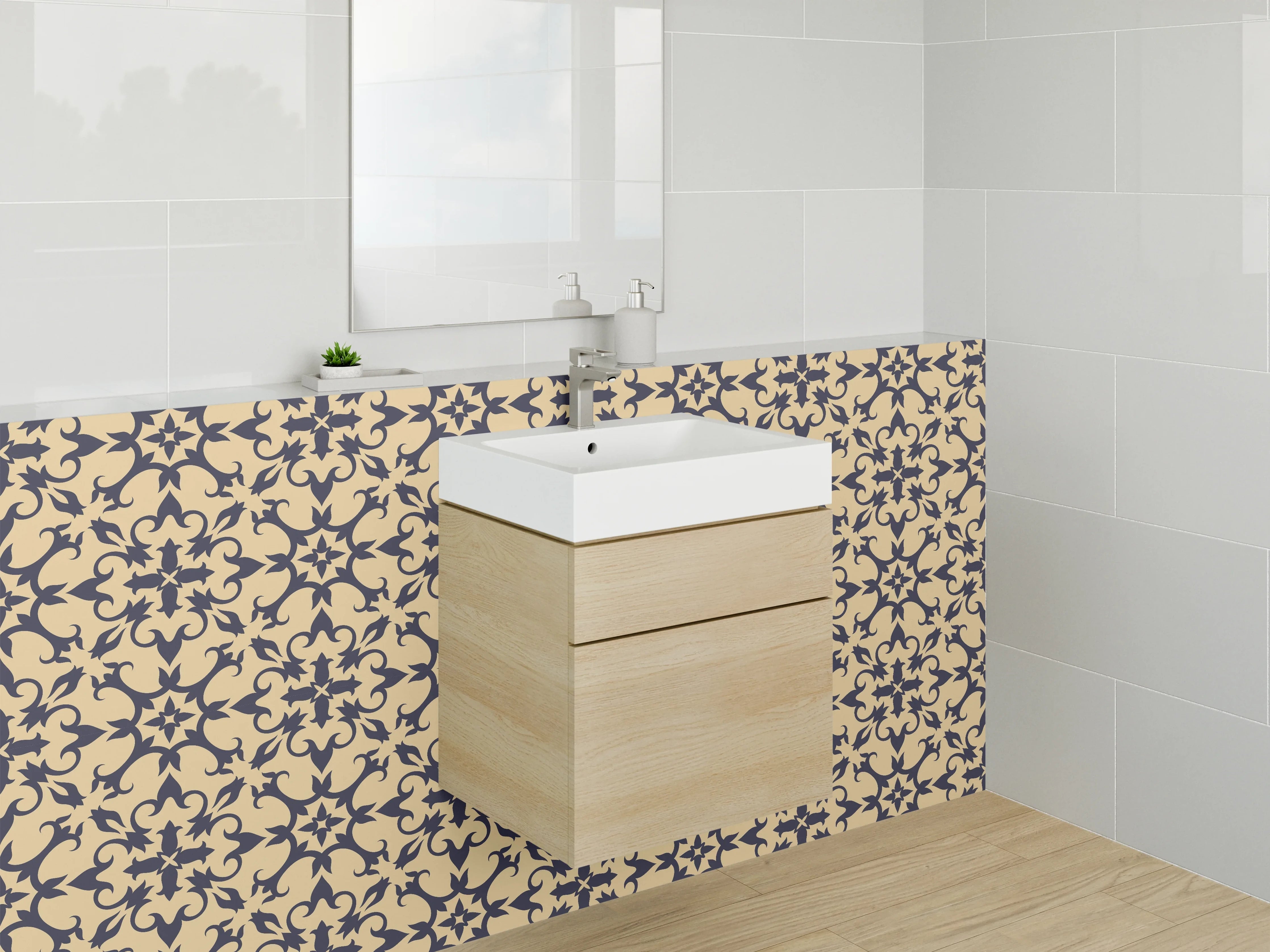 Waschbecken-Rückwand - Elegantes florales Muster auf Beige