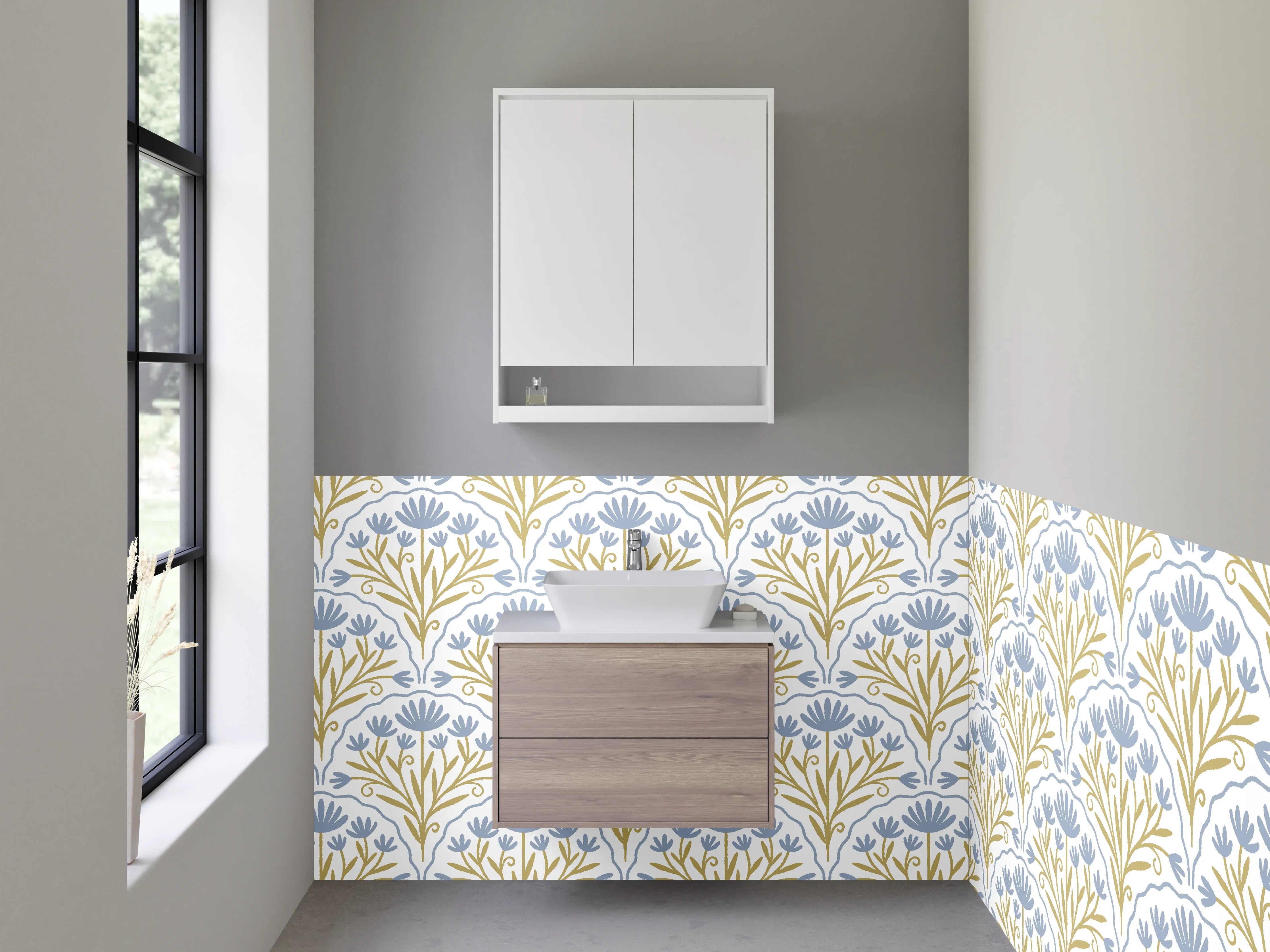 Waschbecken-Rückwand - Elegantes florales Muster blau-gold