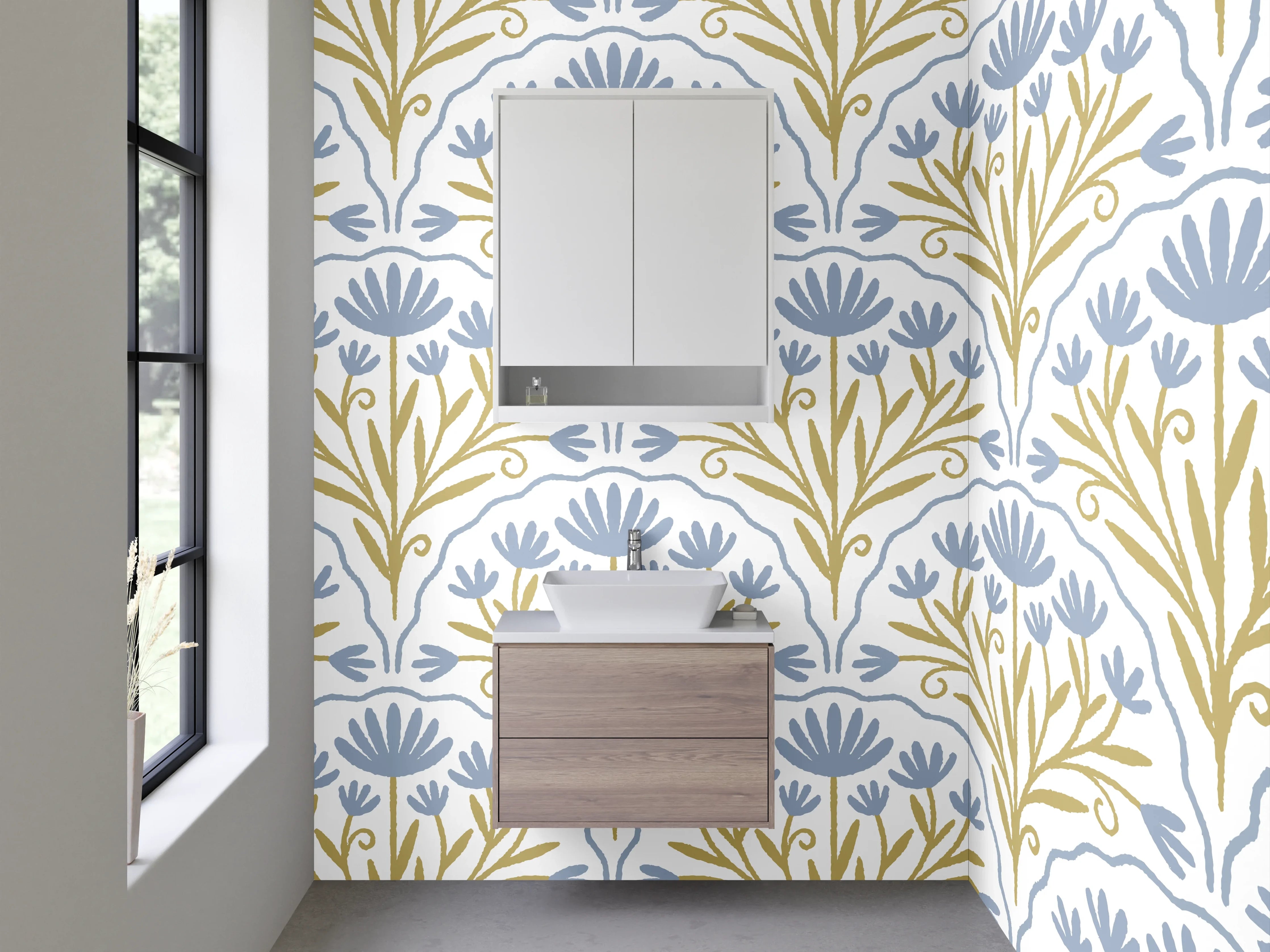 Waschbecken-Rückwand - Elegantes florales Muster blau-gold