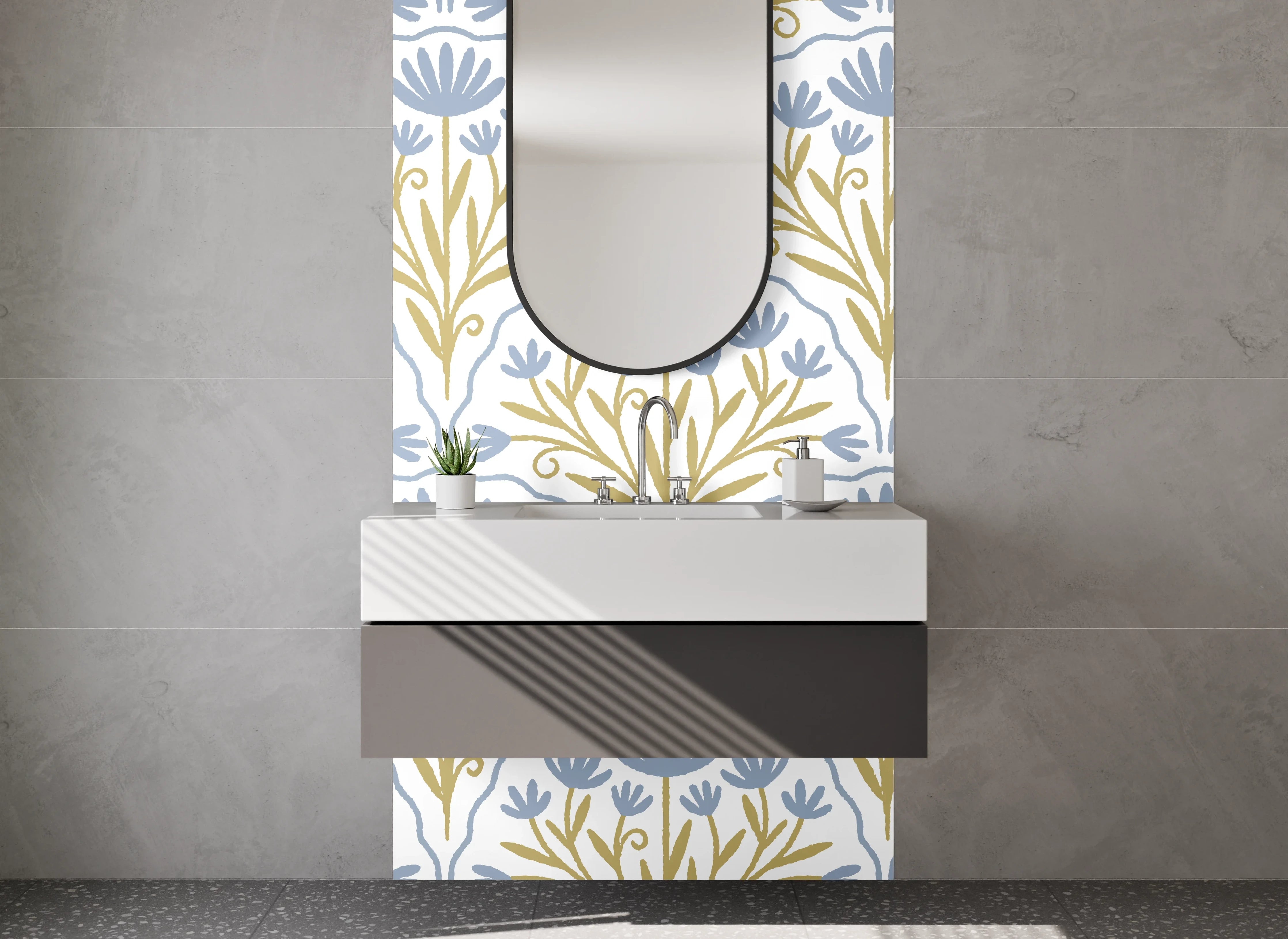 Waschbecken-Rückwand - Elegantes florales Muster blau-gold