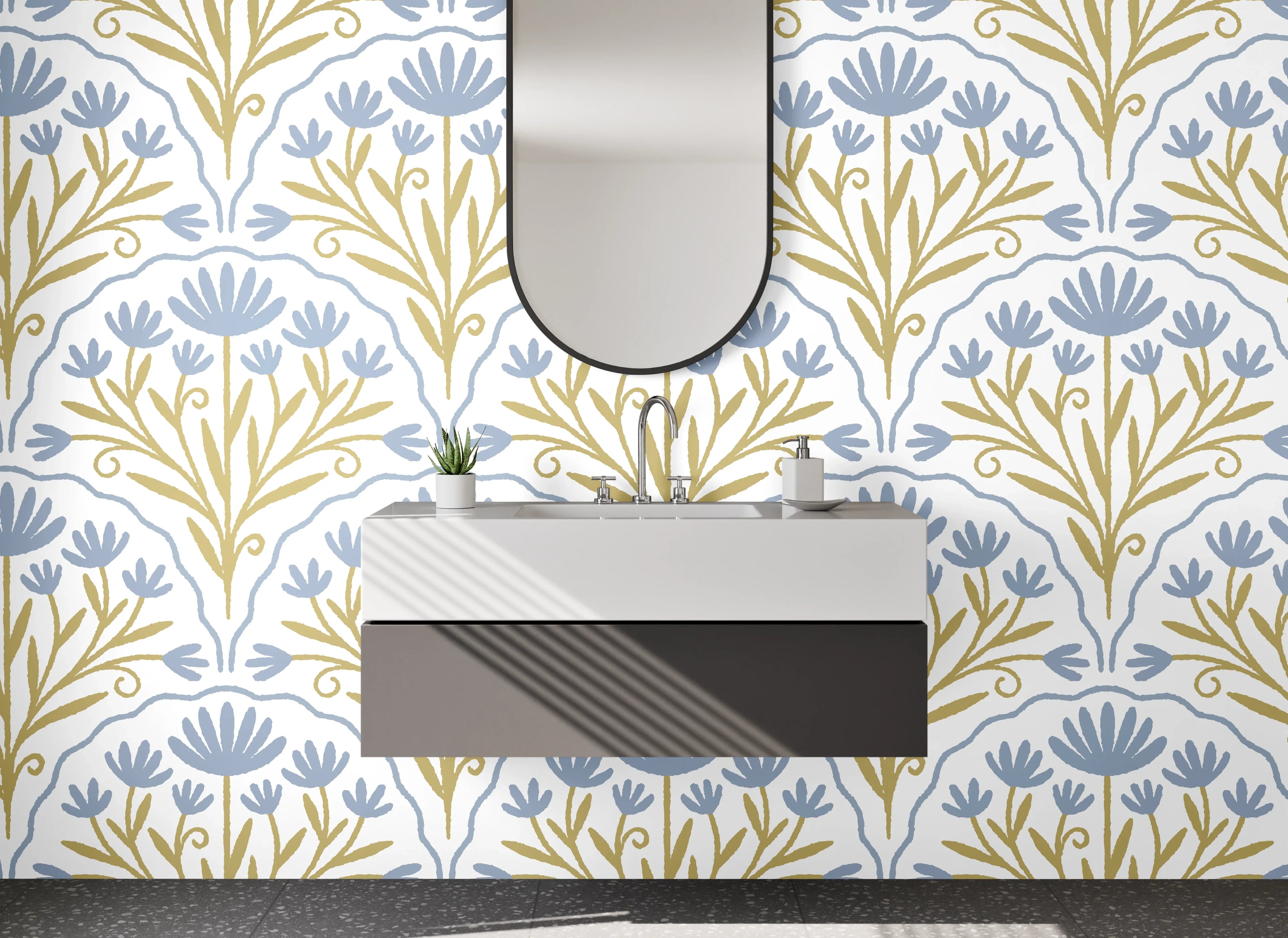 Waschbecken-Rückwand - Elegantes florales Muster blau-gold