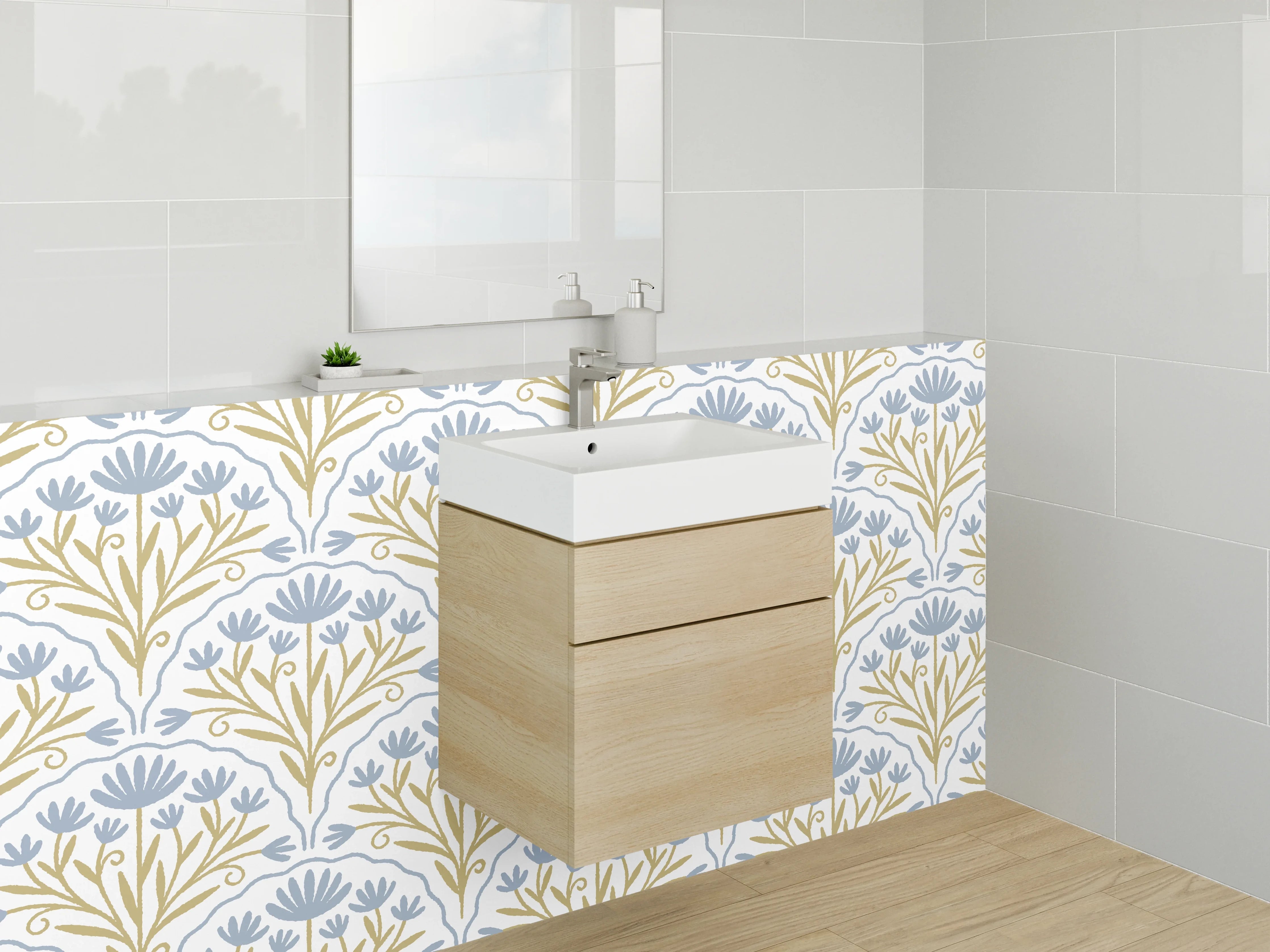 Waschbecken-Rückwand - Elegantes florales Muster blau-gold