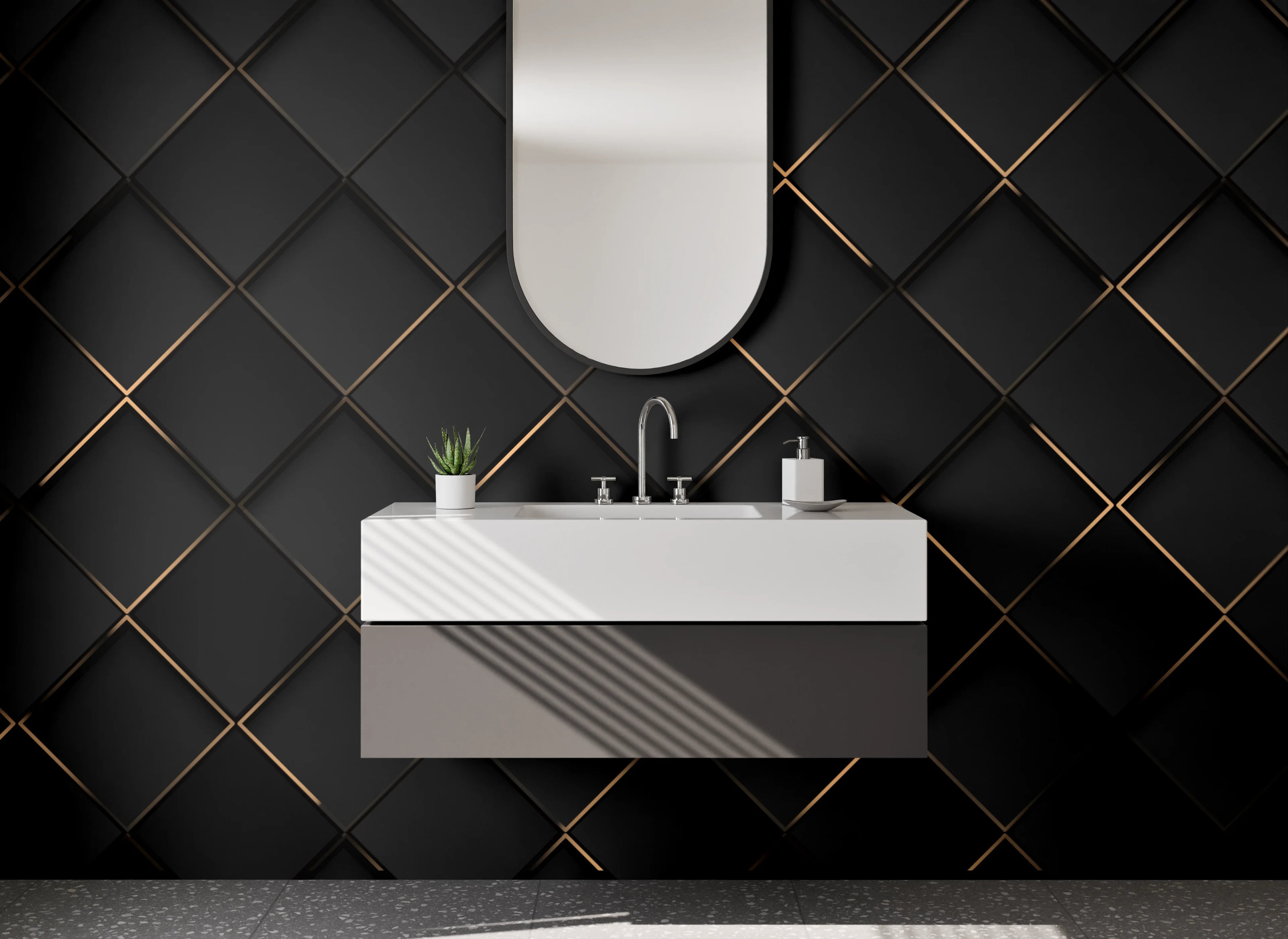 Waschbecken-Rückwand - Elegantes schwarzes Rautenmuster Metall