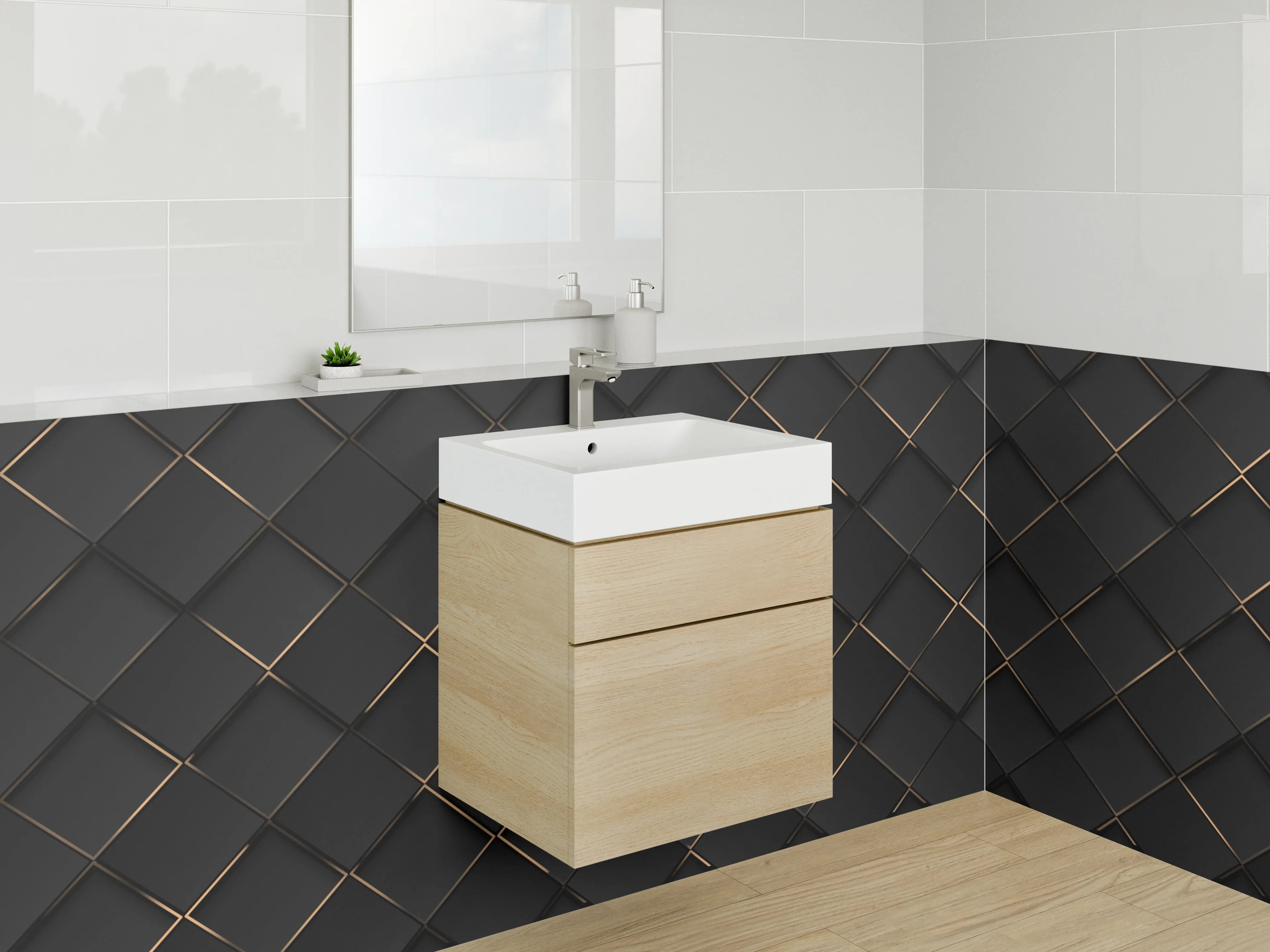 Waschbecken-Rückwand - Elegantes schwarzes Rautenmuster Metall