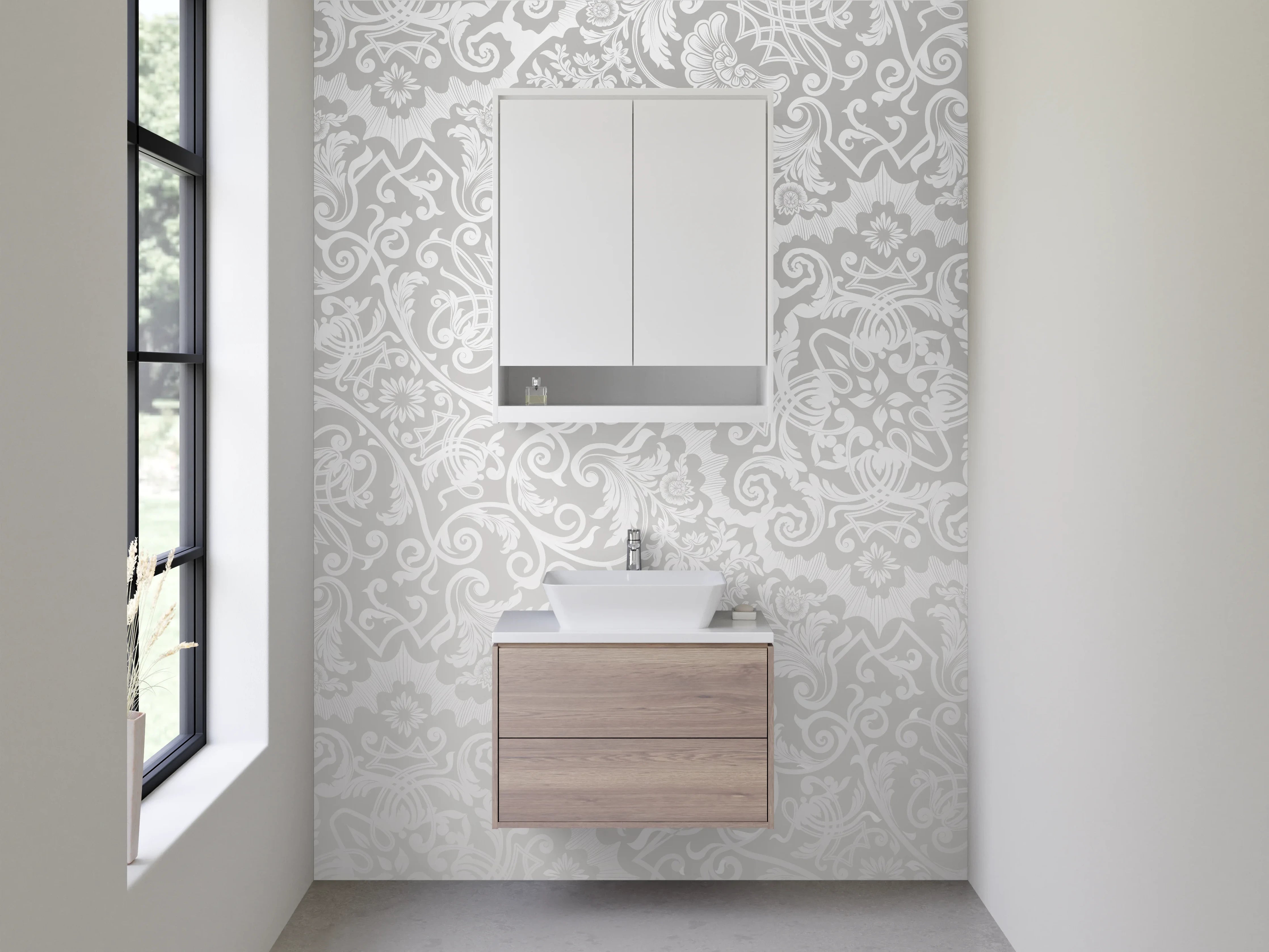 Waschbecken-Rückwand - Elegantes weiß-graues Ornamentmuster