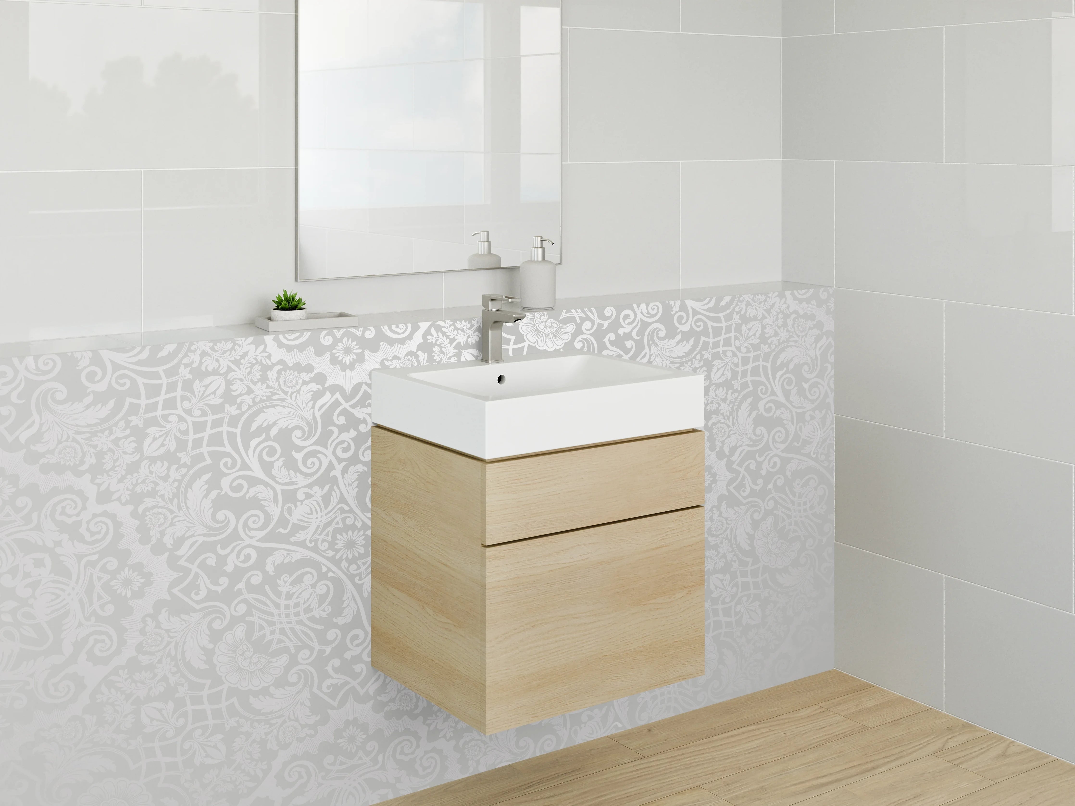 Waschbecken-Rückwand - Elegantes weiß-graues Ornamentmuster