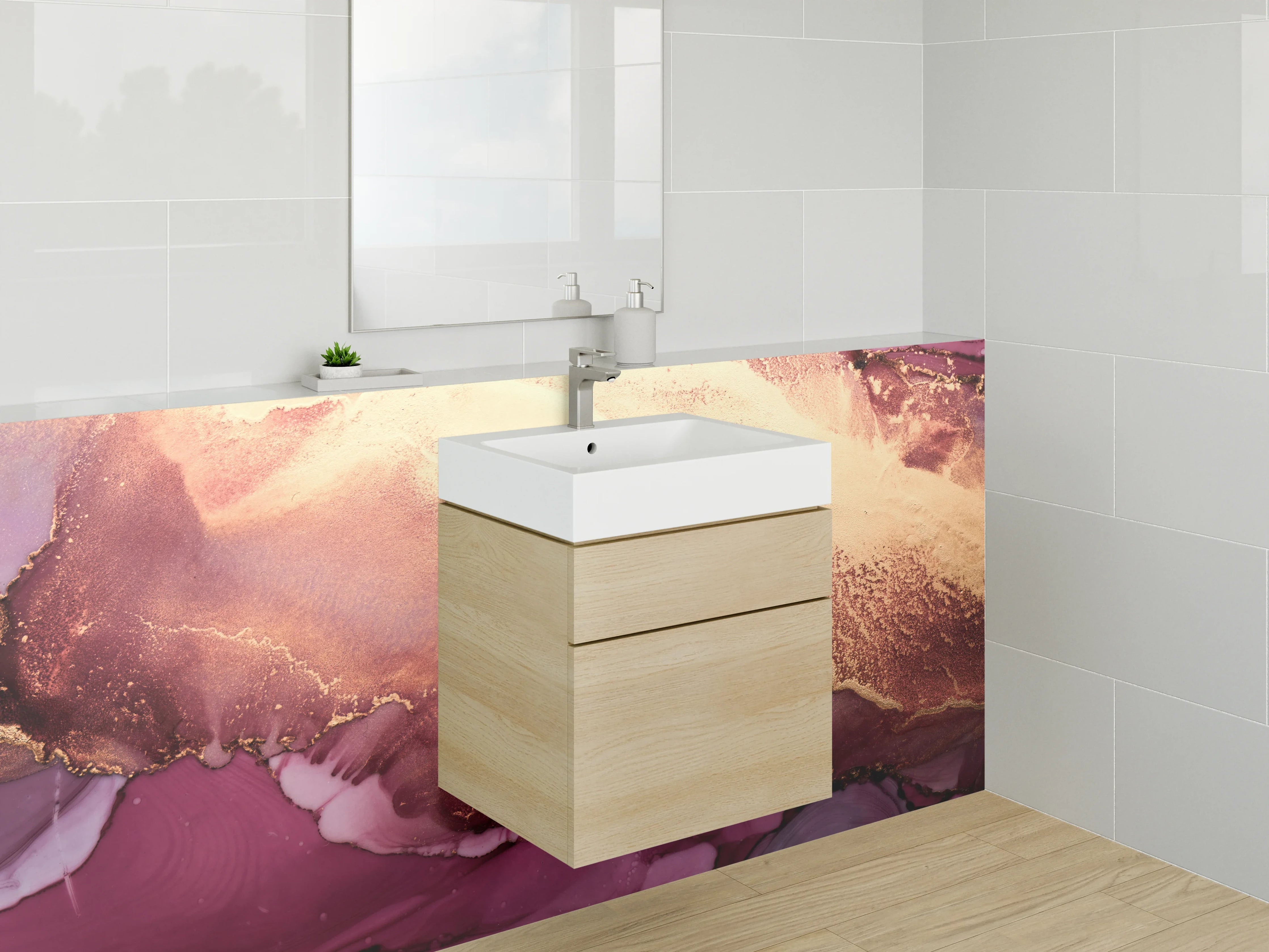 Waschbecken-Rückwand - Elfenbein, Gold und Fliederfarbene Akzente