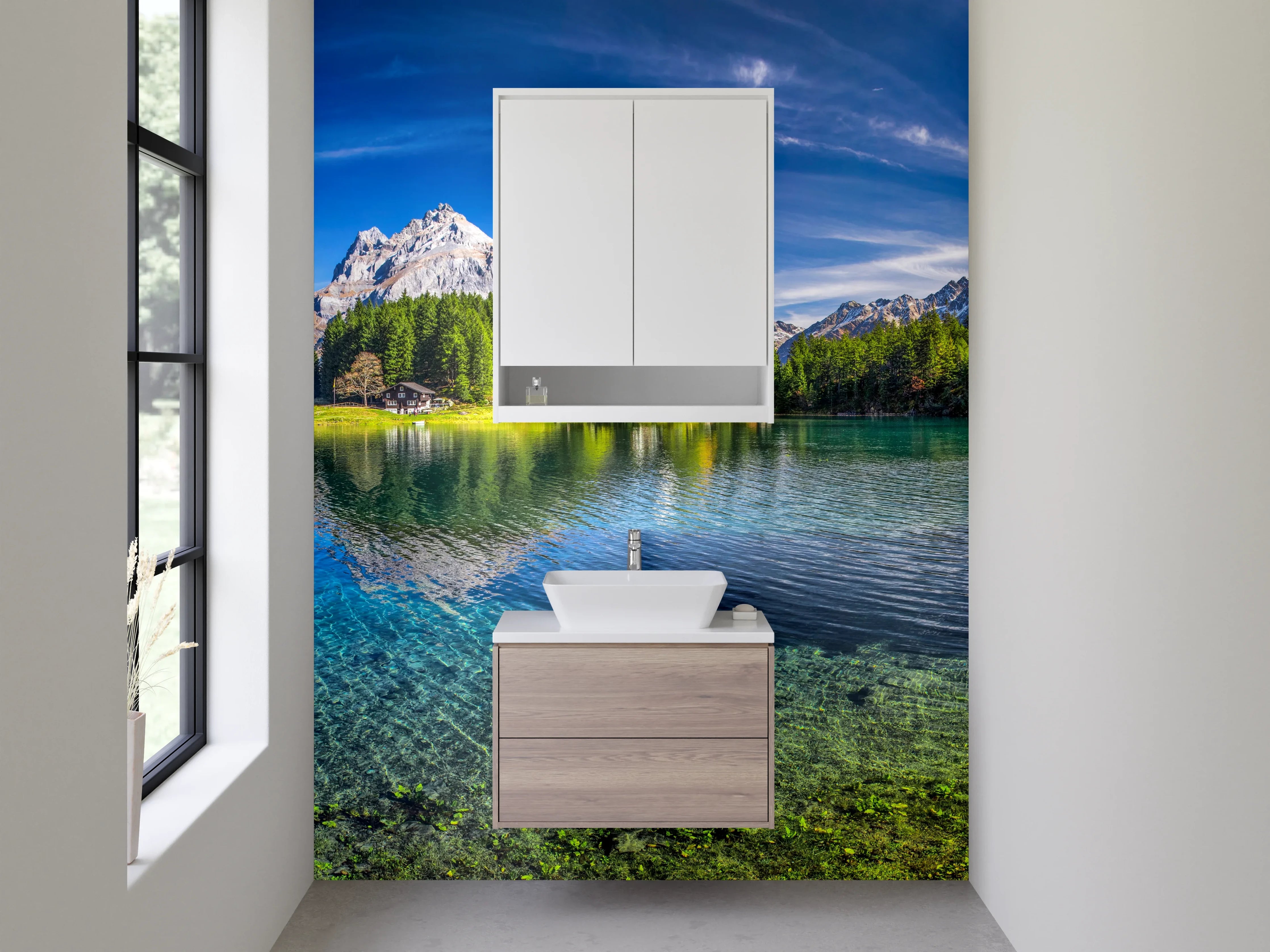 Waschbecken-Rückwand - Entspannende Bergkulisse Badgestaltung