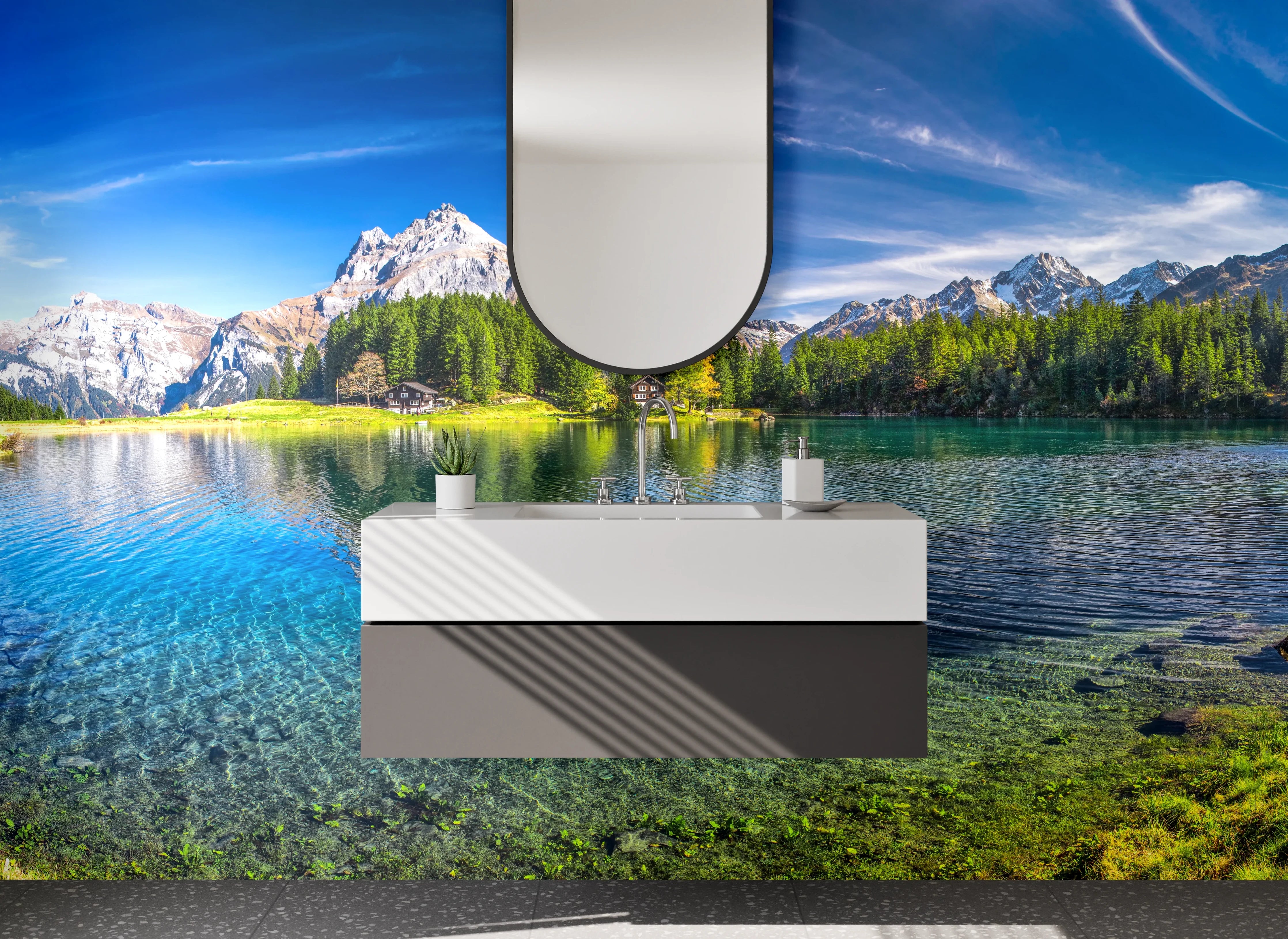 Waschbecken-Rückwand - Entspannende Bergkulisse Badgestaltung