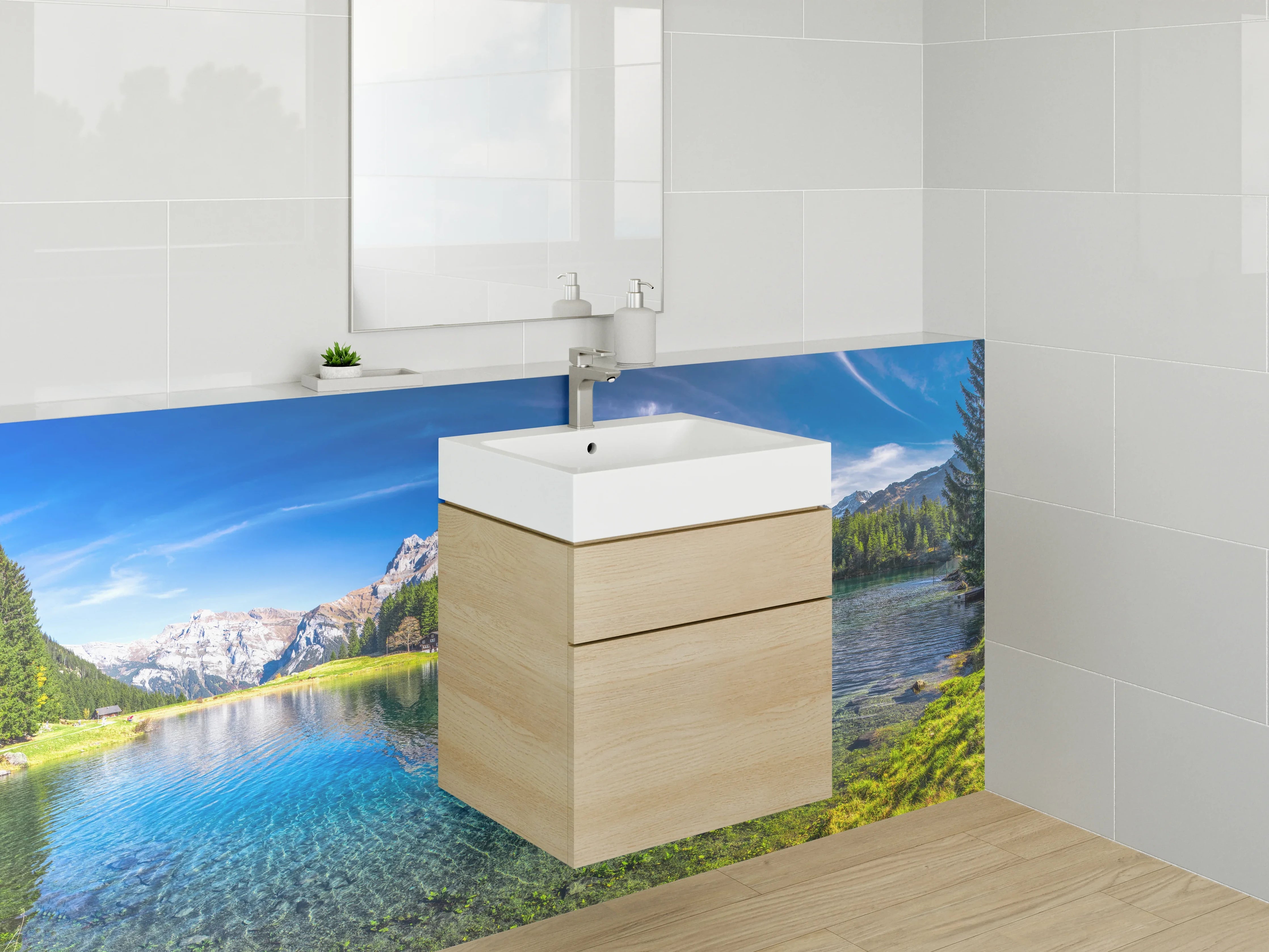 Waschbecken-Rückwand - Entspannende Bergkulisse Badgestaltung