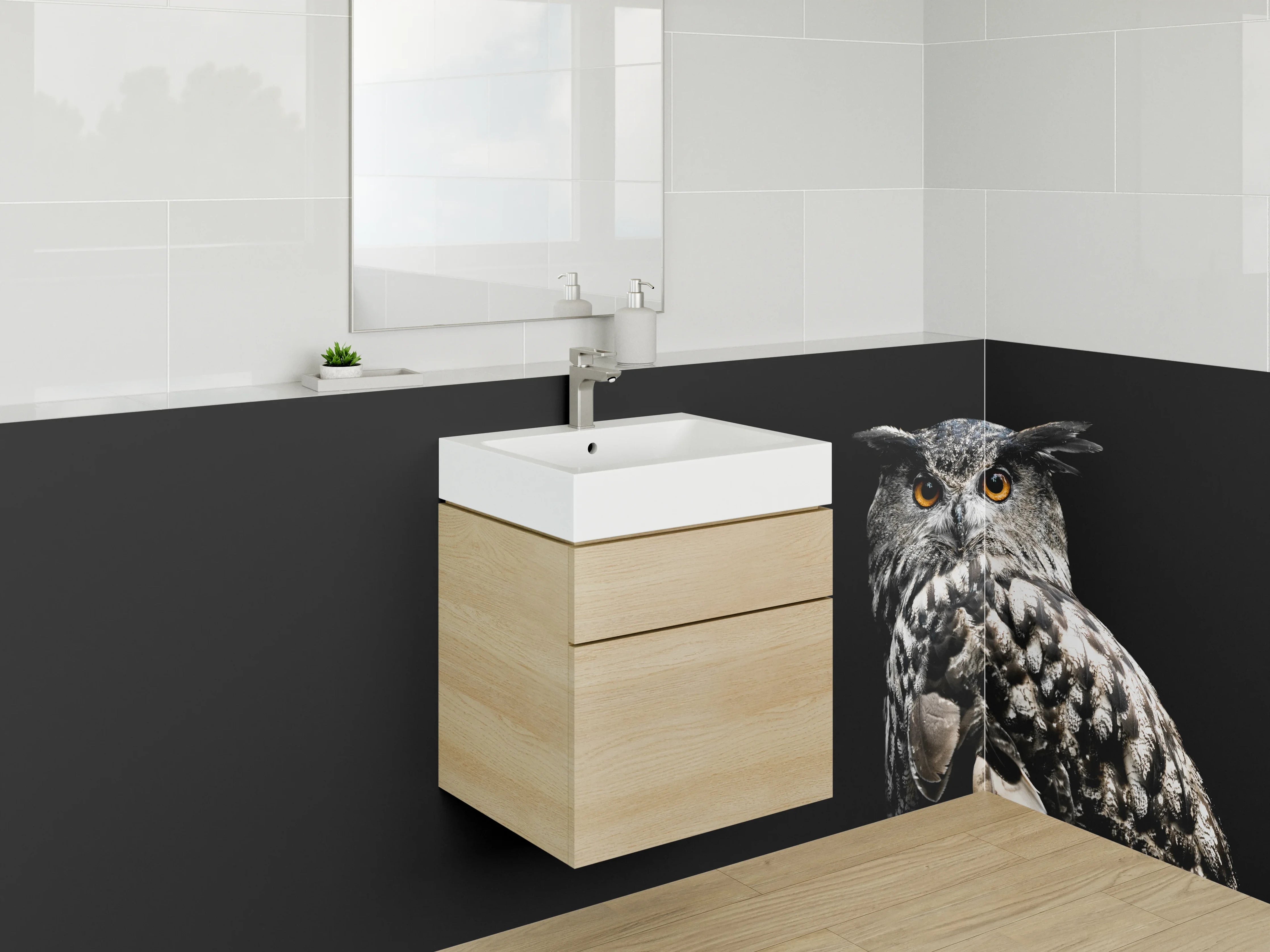 Waschbecken-Rückwand - Eule mit orangefarbenen Augen auf Schwarz