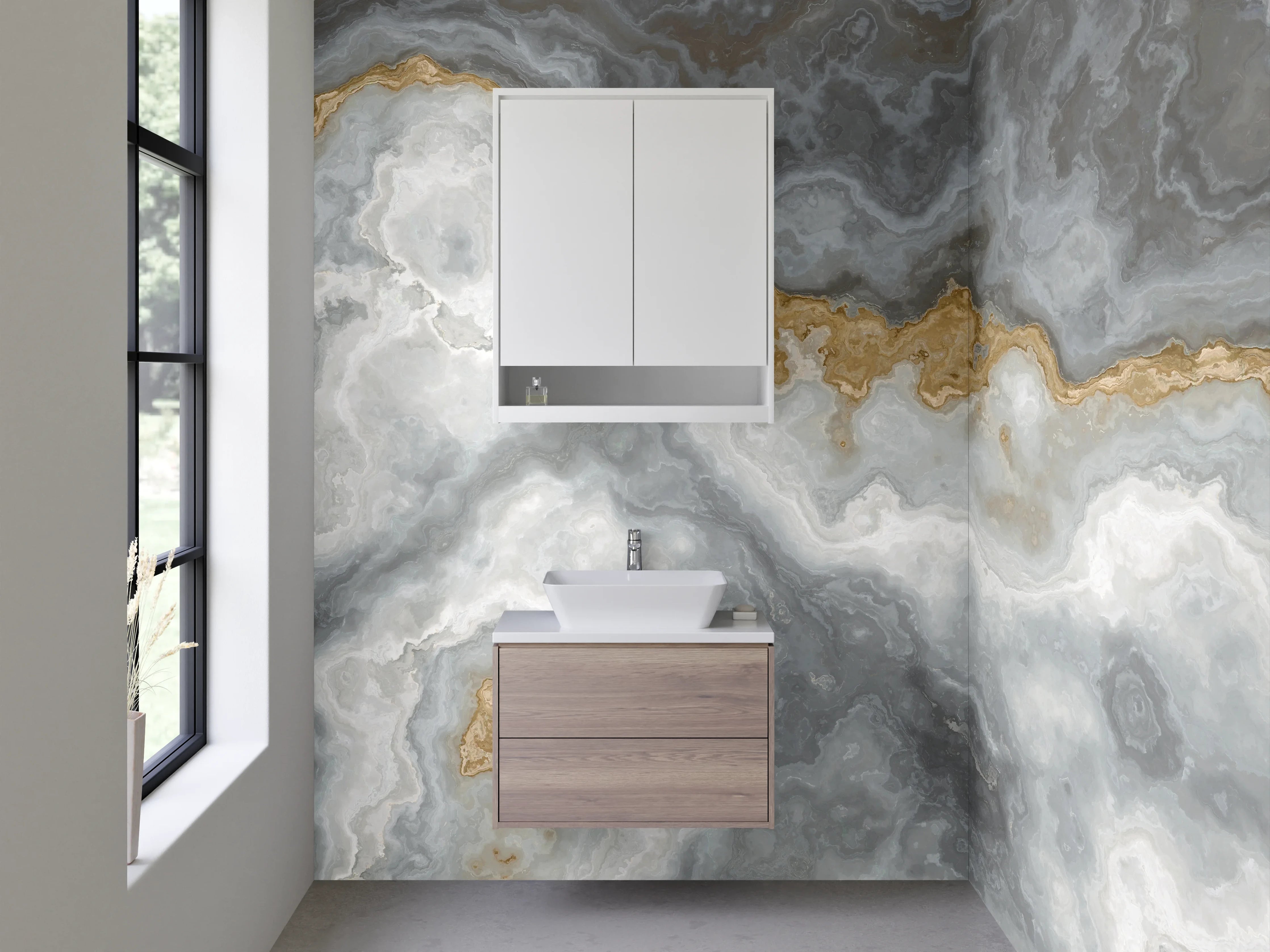 Waschbecken-Rückwand - Exklusive Marmoroptik in Weiß-Grau-Gold