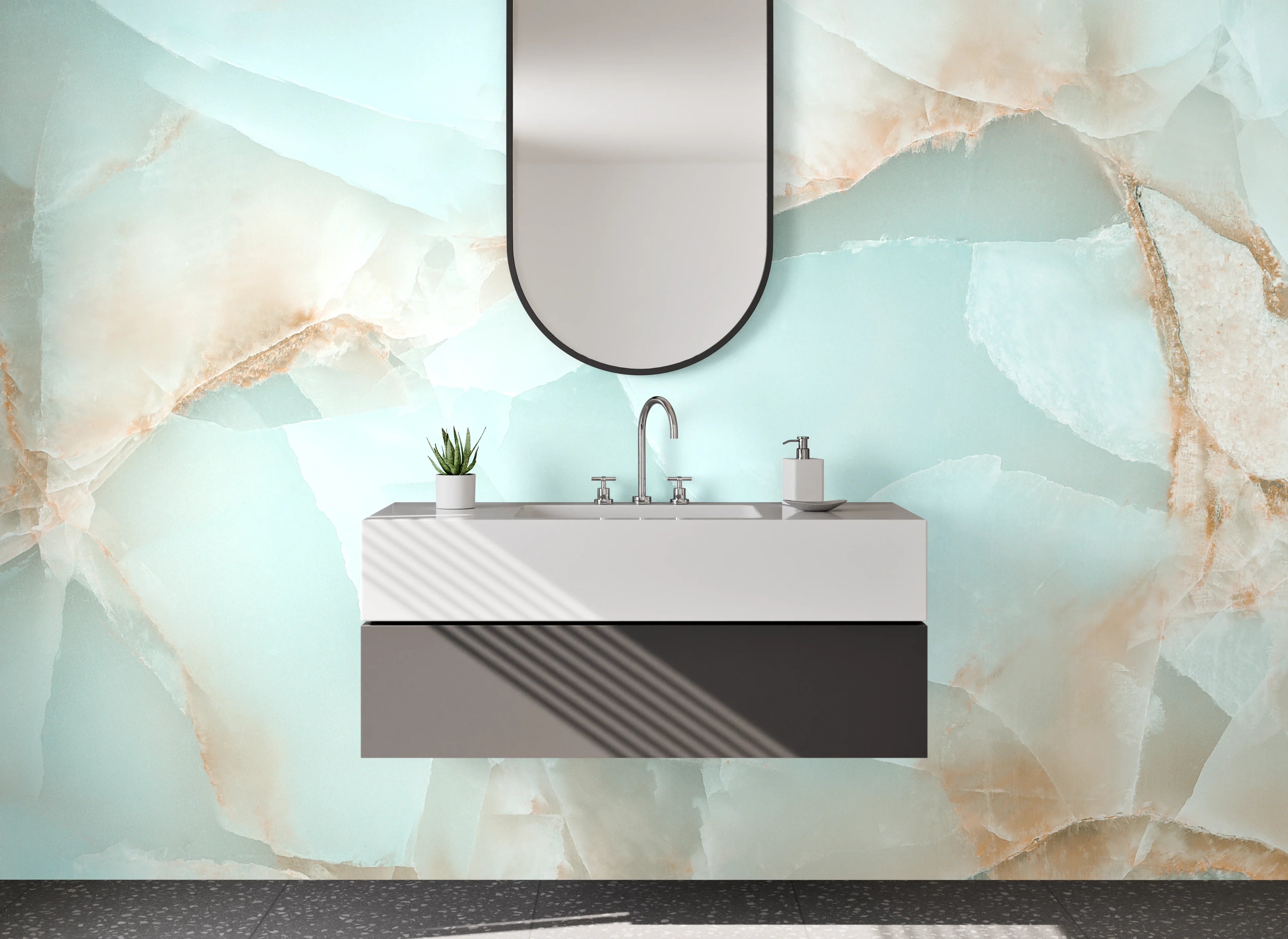 Waschbecken-Rückwand - Exklusives Marmor-Onyx Design hellblau