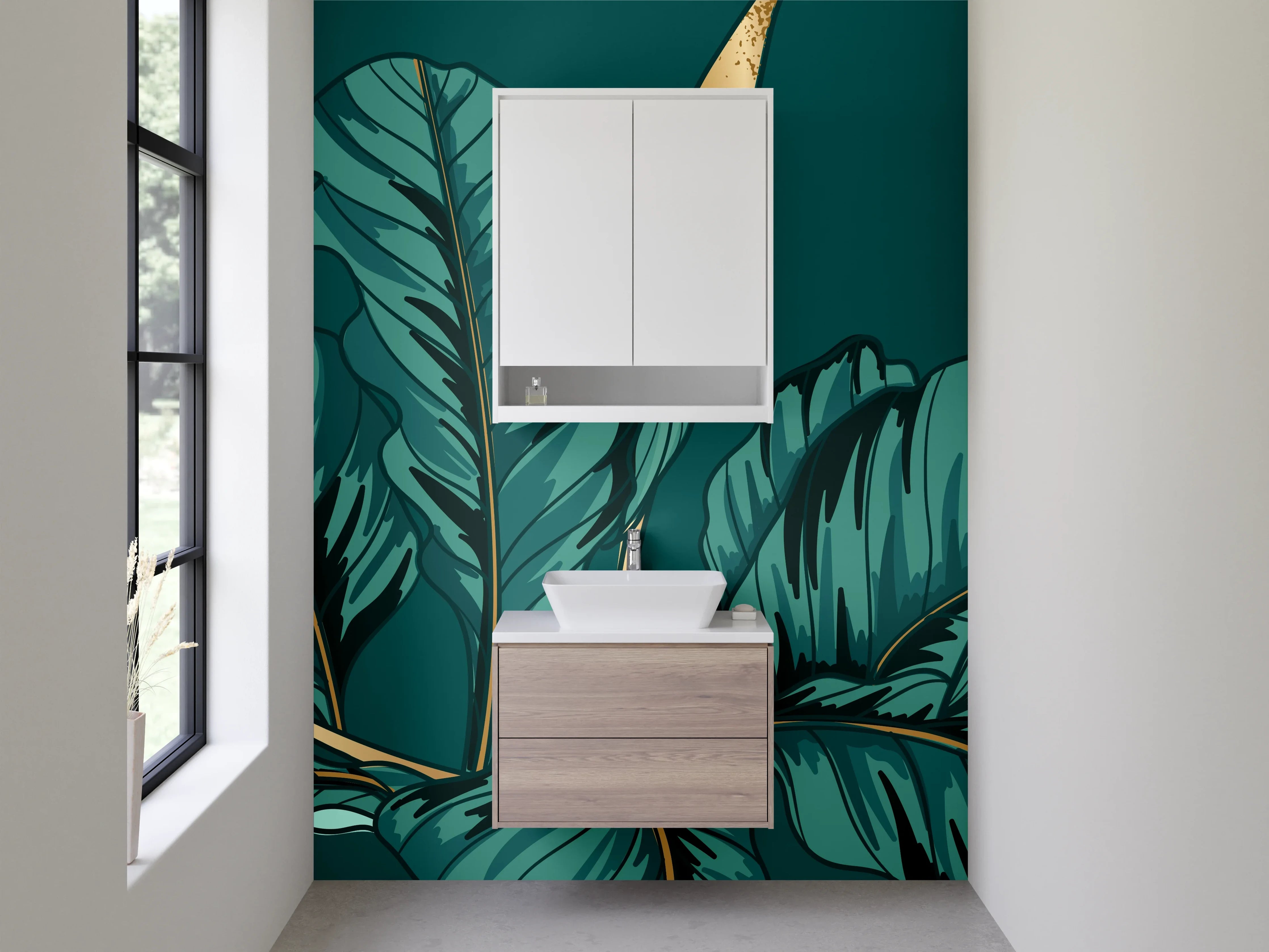 Waschbecken-Rückwand - Exotische Blätter Illustration auf Dunkelgrün