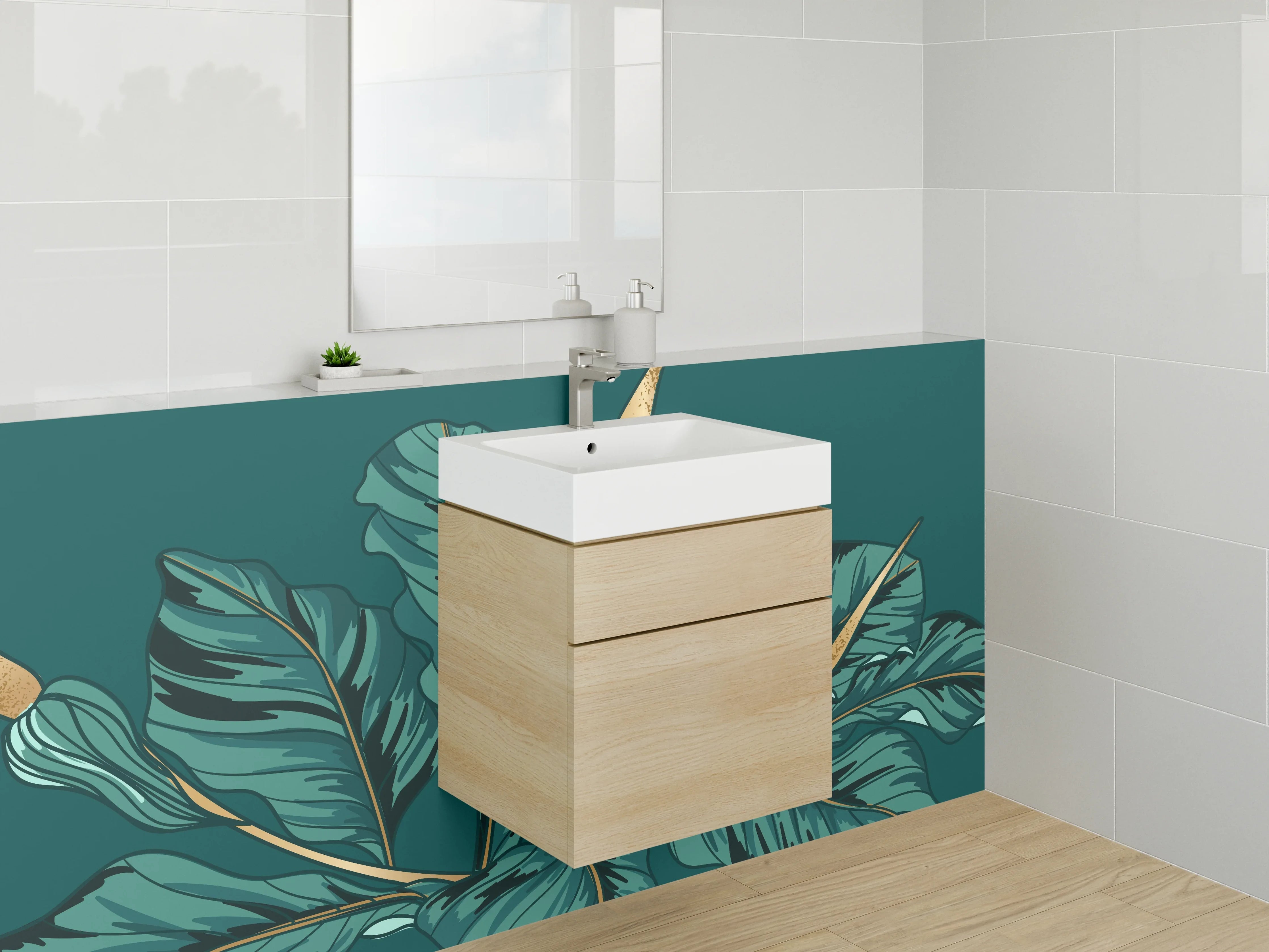Waschbecken-Rückwand - Exotische Blätter Illustration auf Dunkelgrün