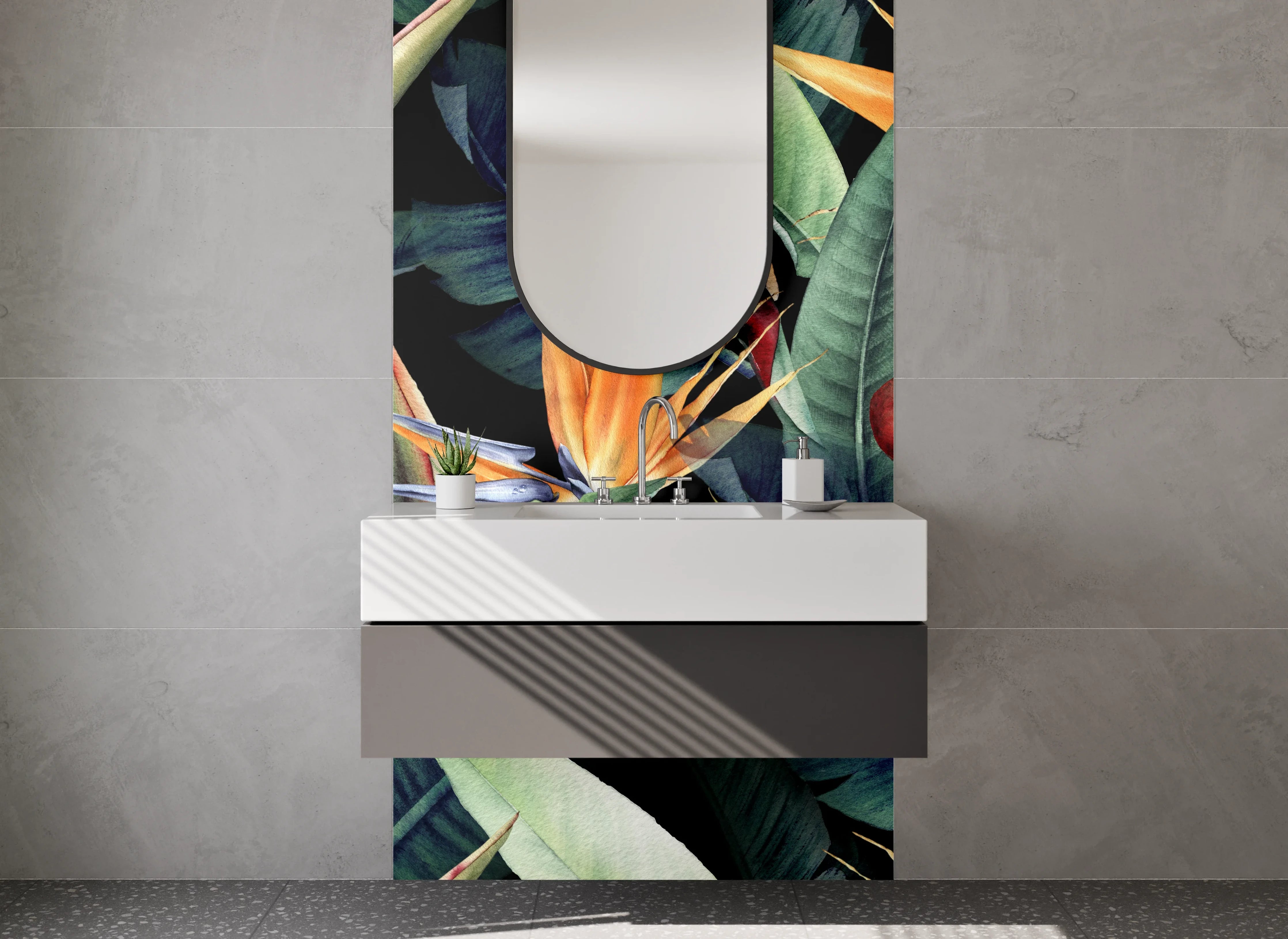 Waschbecken-Rückwand - Exotische Dschungelblätter und Paradiesvögel